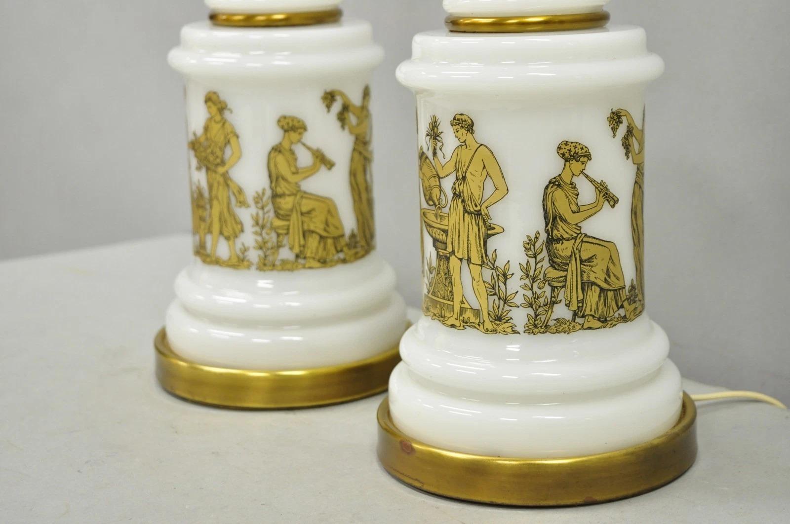 Vintage Italian Neoclassical White Milk Glass Empire Column Table Lamps - a Pair For Sale 6