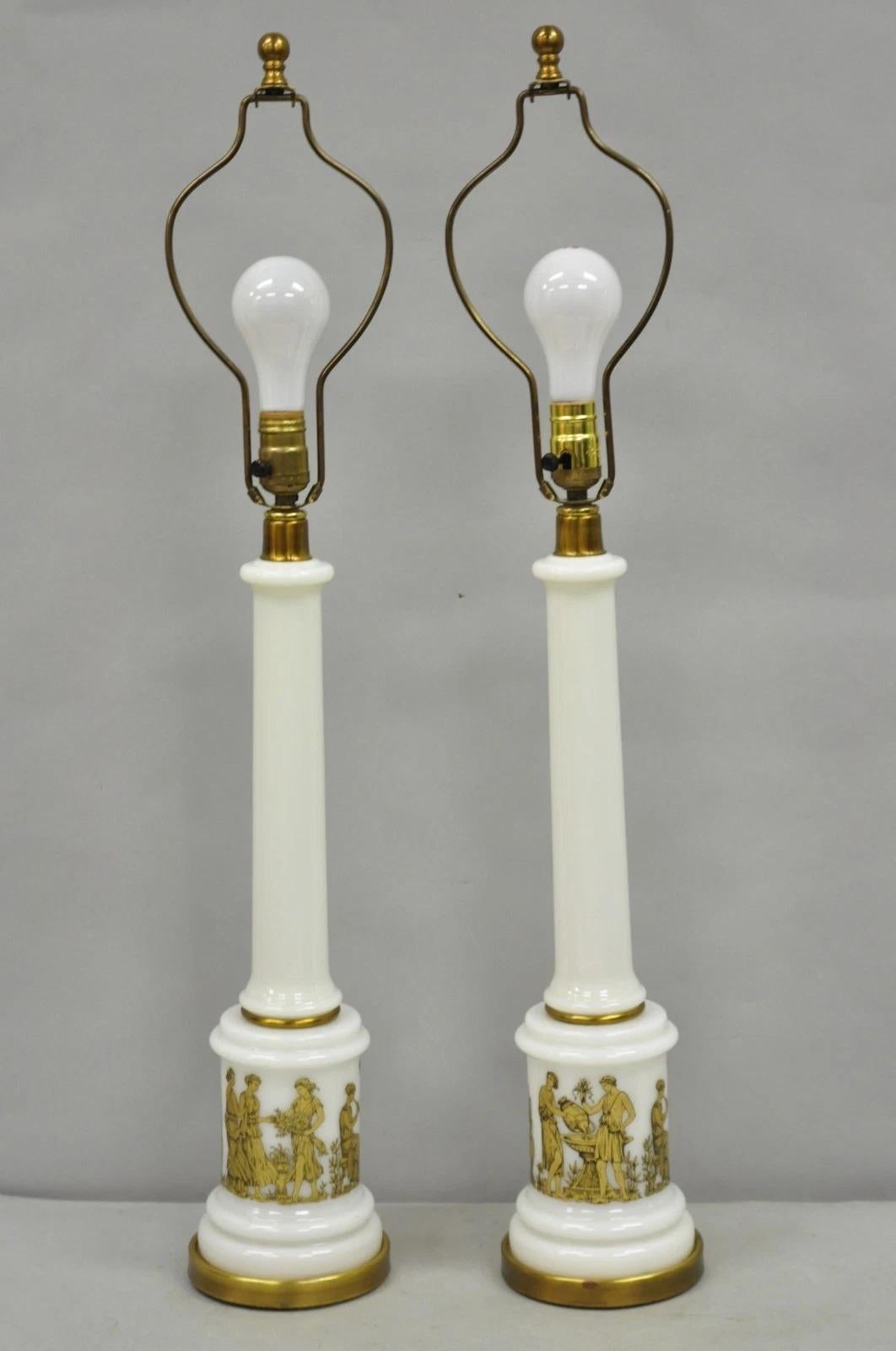 Vintage Italian Neoclassical White Milk Glass Empire Column Table Lamps - a Pair For Sale 7