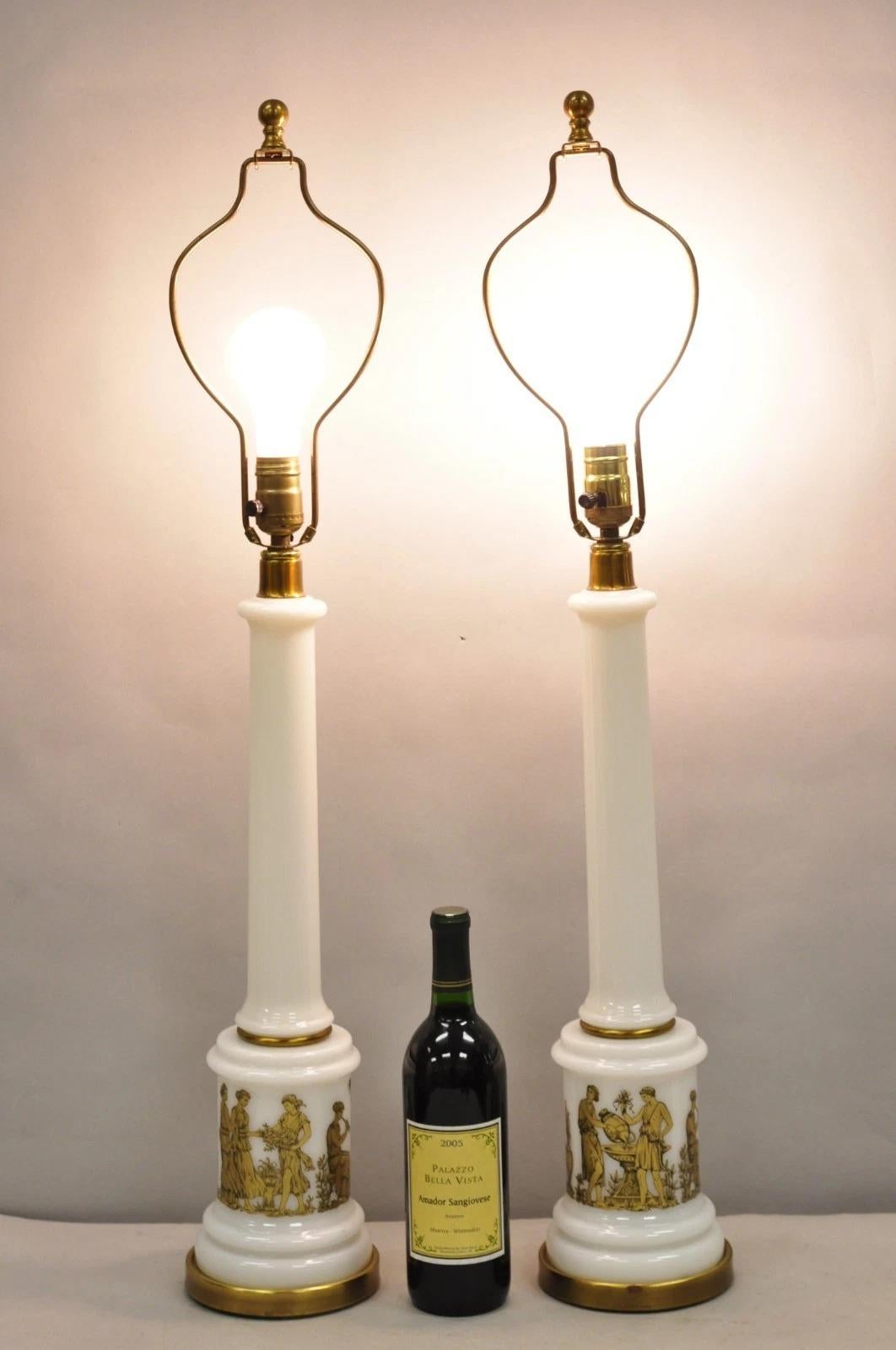 Vintage Italian Neoclassical Style White Milk Glass Empire Column Table Lamp. Circa Mid 20th Century. Measurements: 34