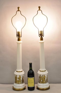 Vintage Italian Italian Neoclassical Milk Glass Empire Column Table Lamps - a Pair