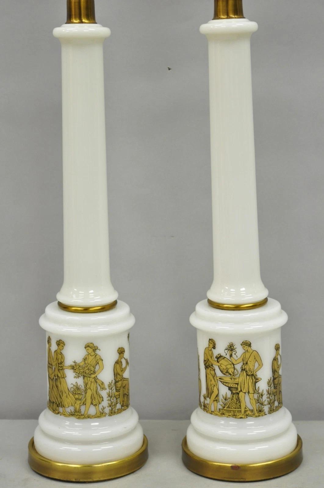 Unknown Vintage Italian Neoclassical White Milk Glass Empire Column Table Lamps - a Pair For Sale