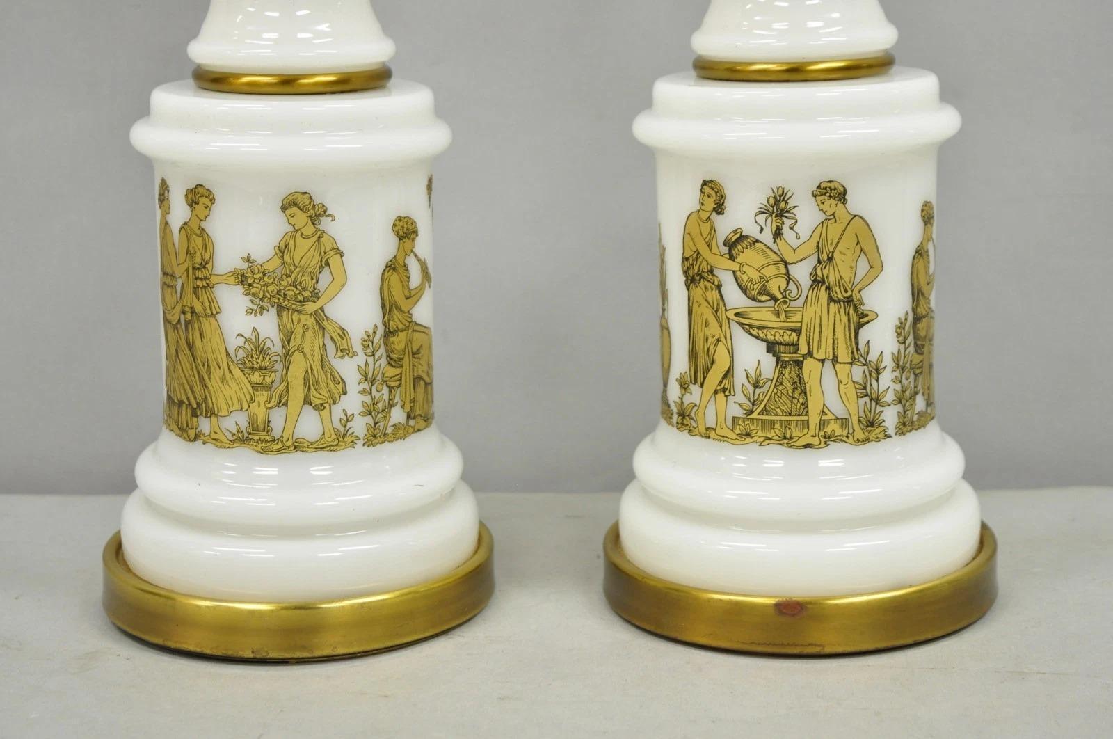 Vintage Italian Neoclassical White Milk Glass Empire Column Table Lamps - a Pair In Good Condition For Sale In Philadelphia, PA