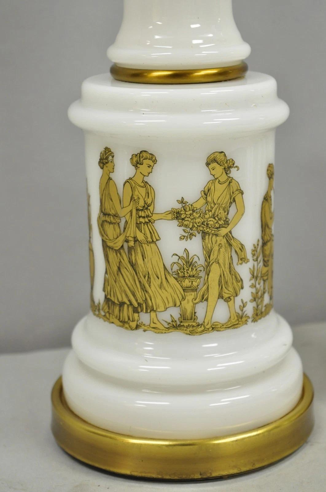 20th Century Vintage Italian Neoclassical White Milk Glass Empire Column Table Lamps - a Pair For Sale