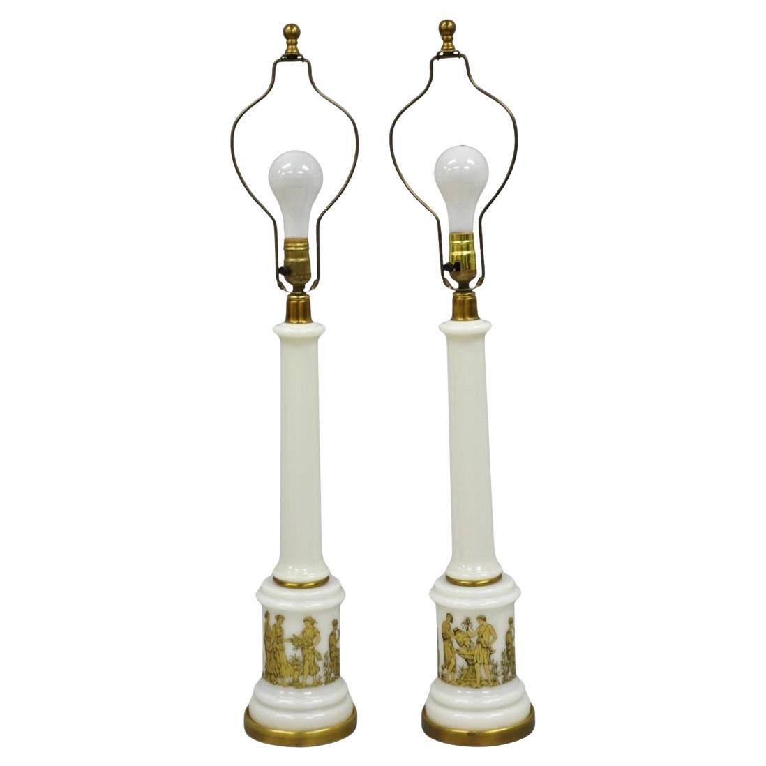Vintage Italian Neoclassical White Milk Glass Empire Column Table Lamps - a Pair