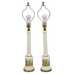 Vintage Italian Neoclassical White Milk Glass Empire Column Table Lamps - a Pair