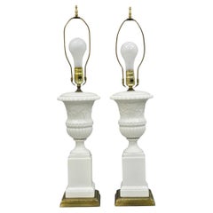 Vintage Italian Neoclassical Porcelain White Urn Table Lamps w/ Cherubs - a Pair