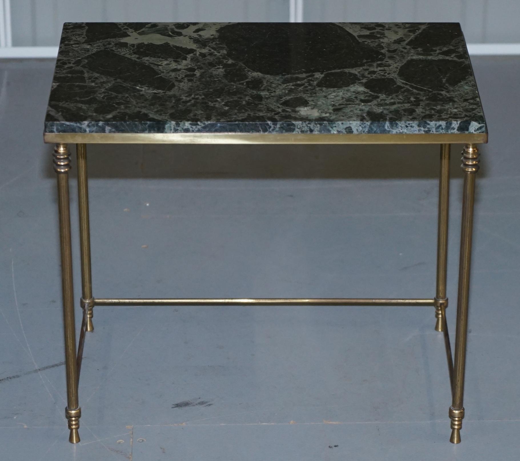 Hand-Crafted Vintage Italian Nest of Three Tables circa 1940s Brass with Thick Marble Top