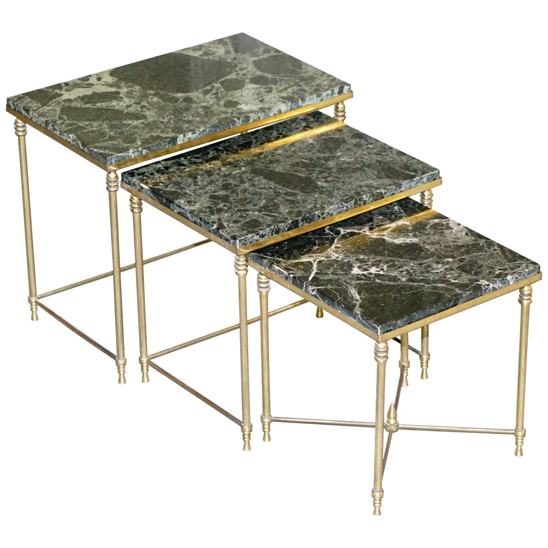 Vintage Italian Nest of Three Tables circa 1940s Brass with Thick Marble Top