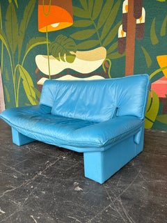Vintage Italian Nicoletti Postmodernist Blue Leather Loveseat