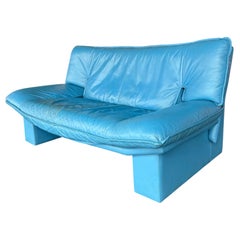 Vintage Italian Nicoletti Postmodernist Blue Leather Loveseat