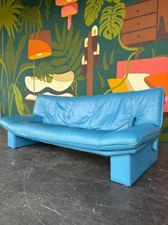 Vintage Italian Nicoletti Postmodernist Blue Leather Sofa