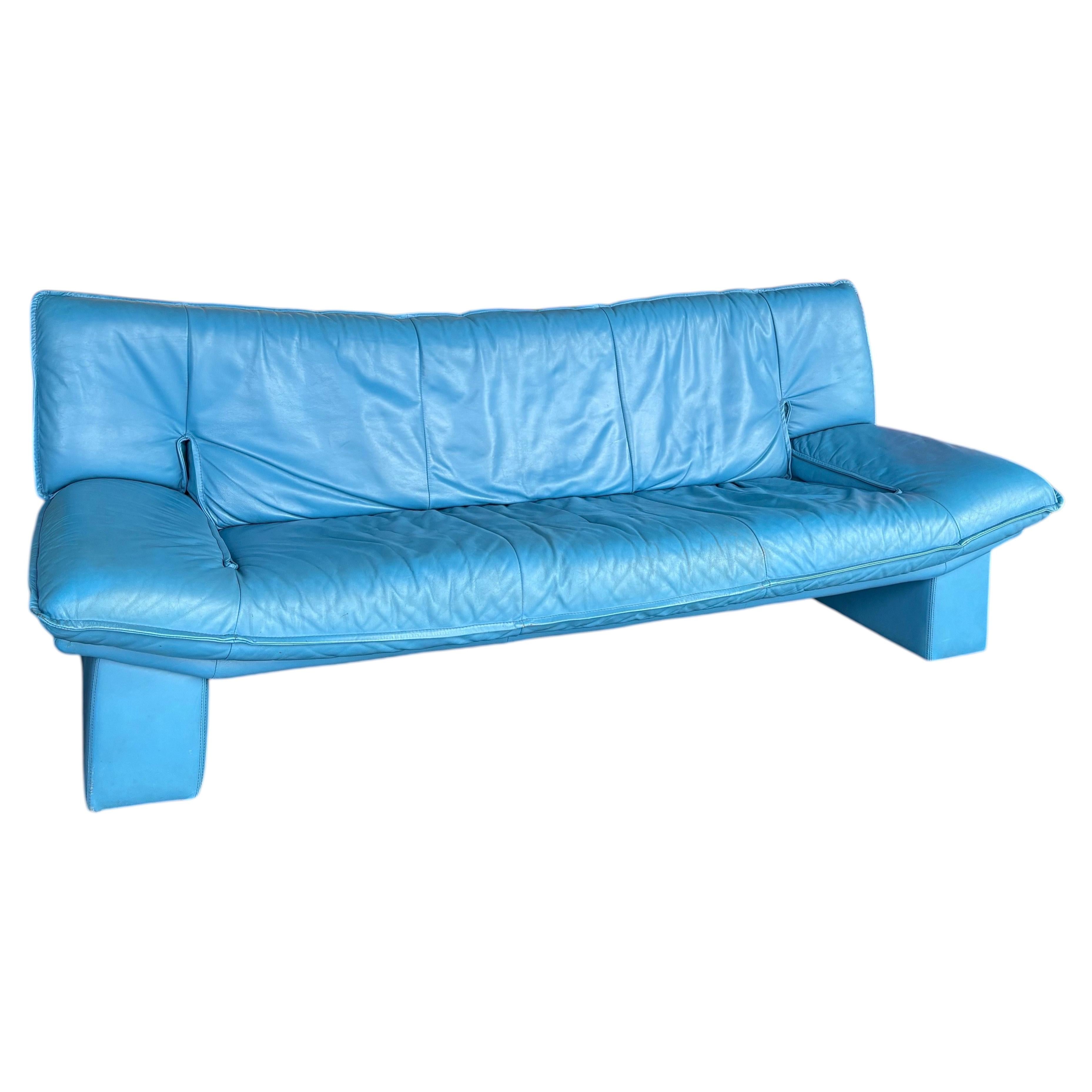 Vintage Italian Nicoletti Postmodernist Blue Leather Sofa
