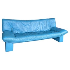 Vintage Italian Nicoletti Postmodernist Blue Leather Sofa