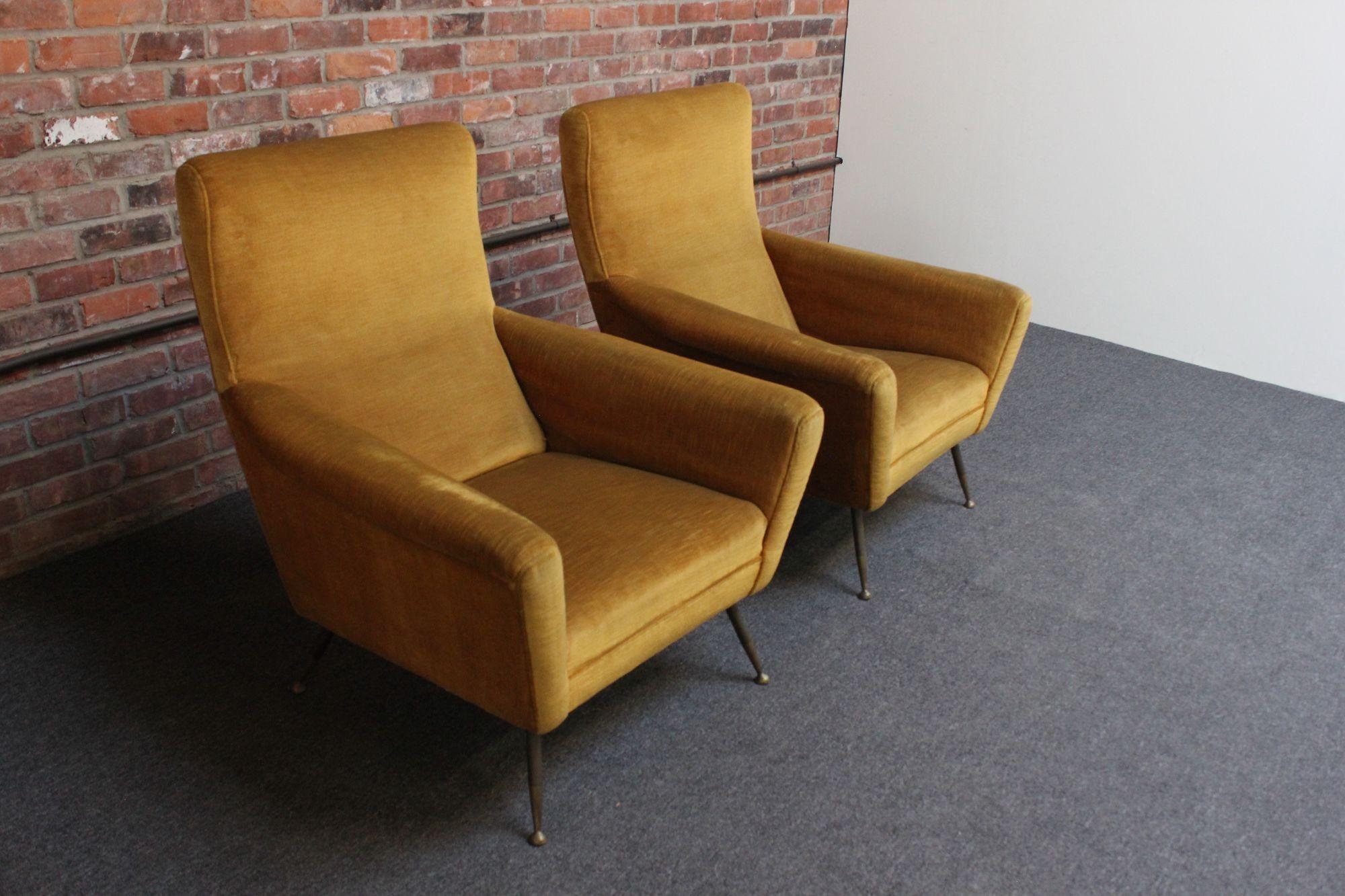 Mid-Century Modern Vintage Italian Ochre Cotton Velvet and Brass Lounge Chairs For Sale