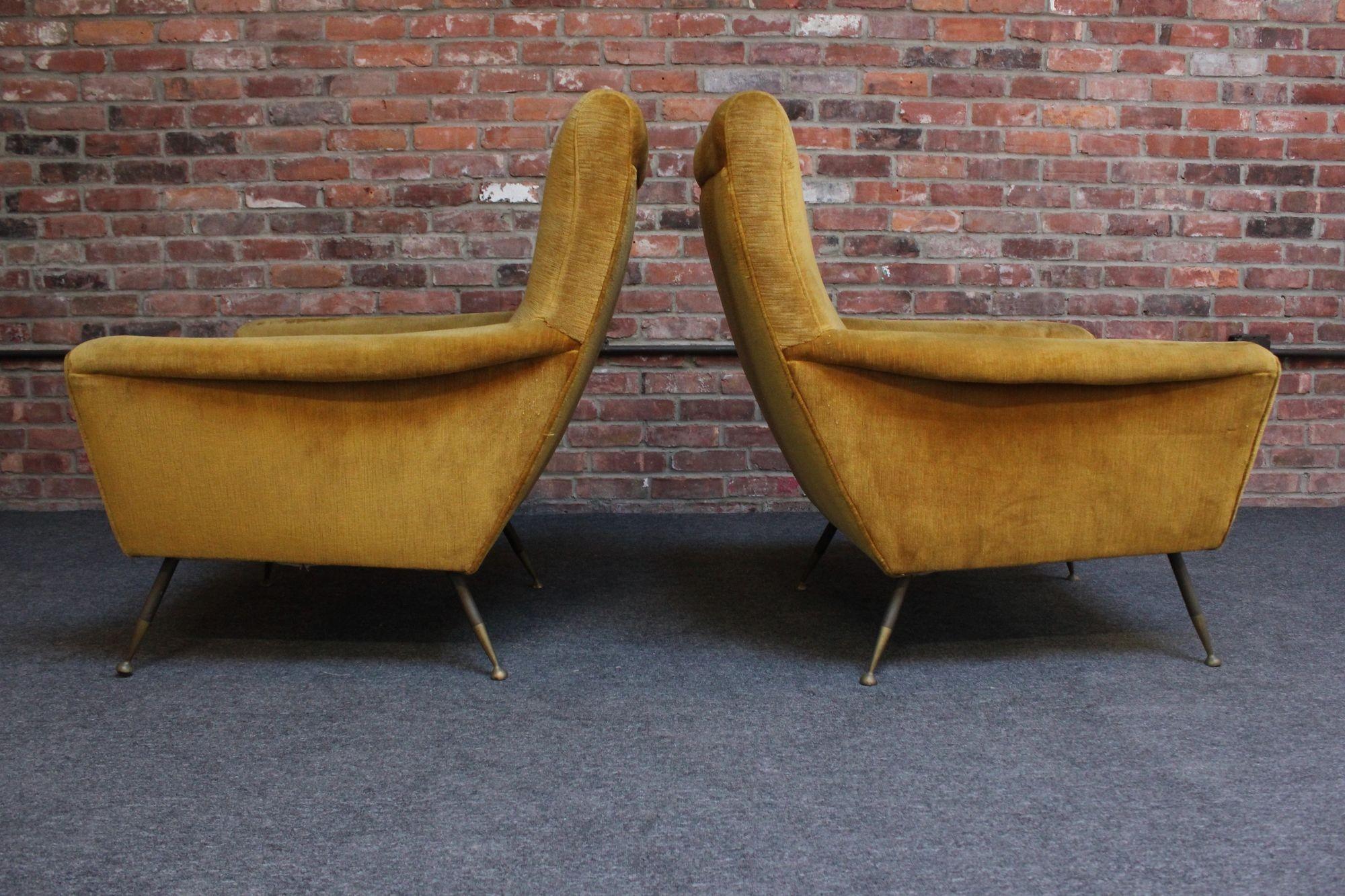 Vintage Italian Ochre Cotton Velvet and Brass Lounge Chairs In Good Condition For Sale In Brooklyn, NY