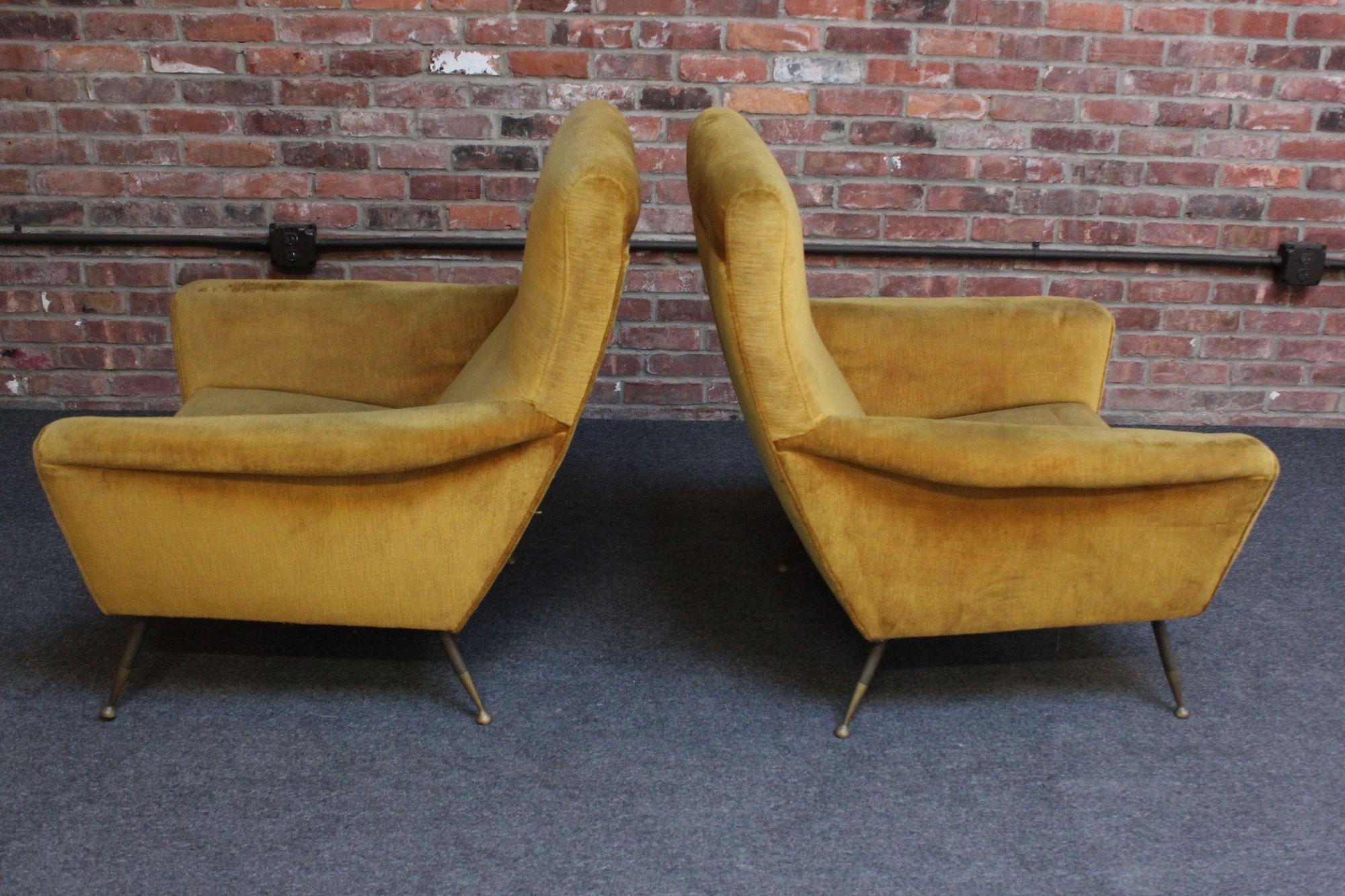 Mid-20th Century Vintage Italian Ochre Cotton Velvet and Brass Lounge Chairs For Sale