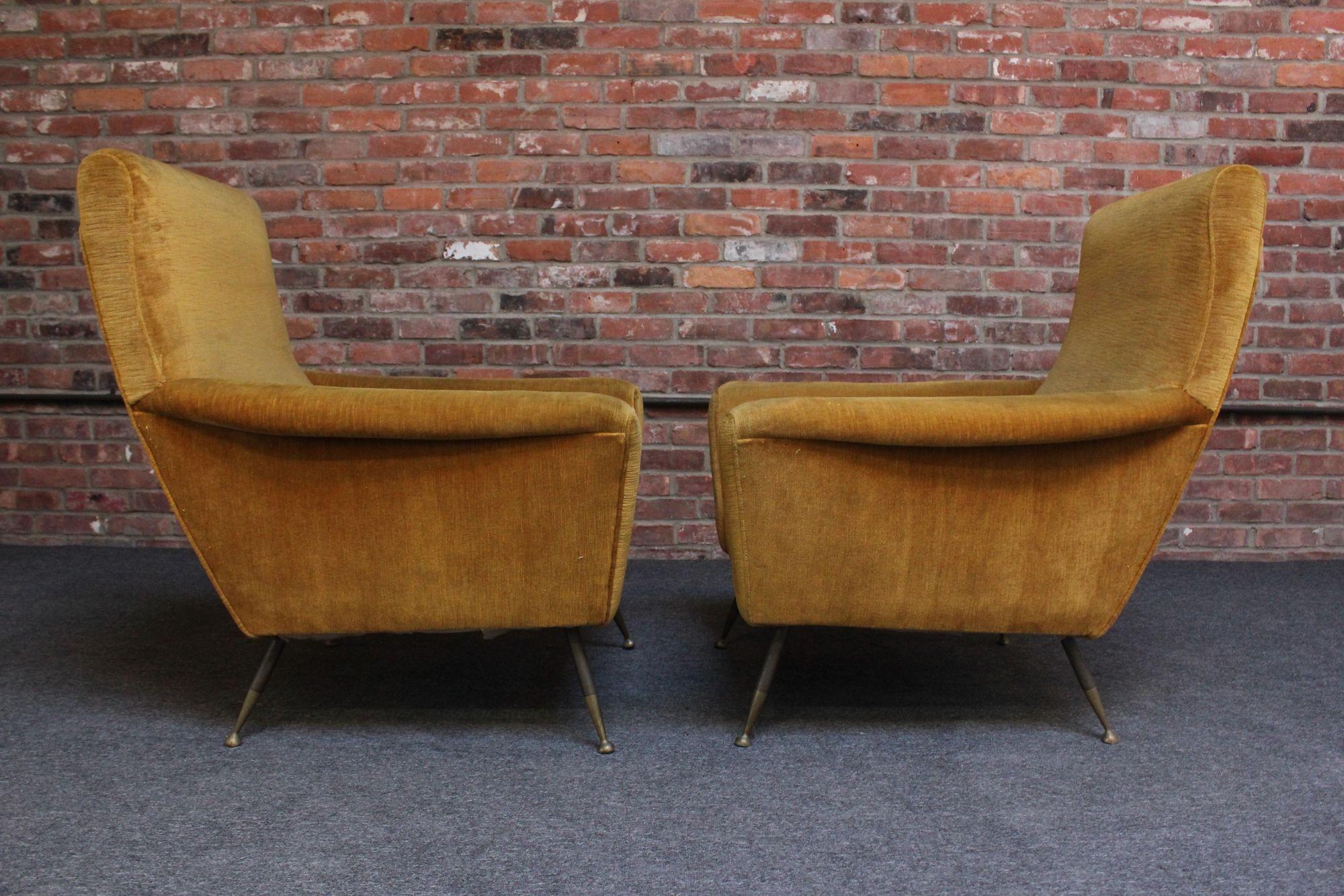 Vintage Italian Ochre Cotton Velvet and Brass Lounge Chairs For Sale 1