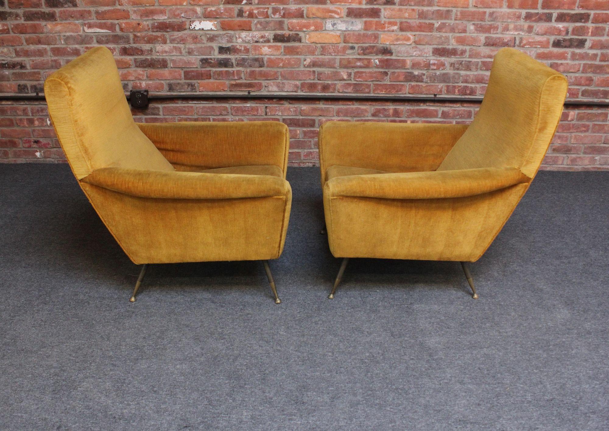 Vintage Italian Ochre Cotton Velvet and Brass Lounge Chairs For Sale 2