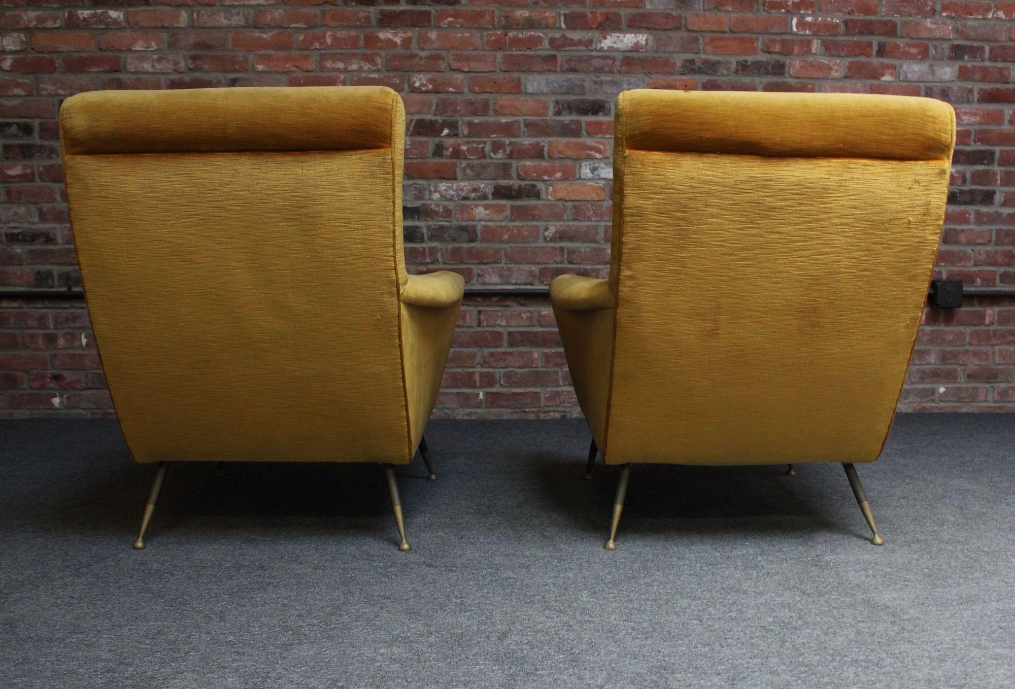 Vintage Italian Ochre Cotton Velvet and Brass Lounge Chairs For Sale 3