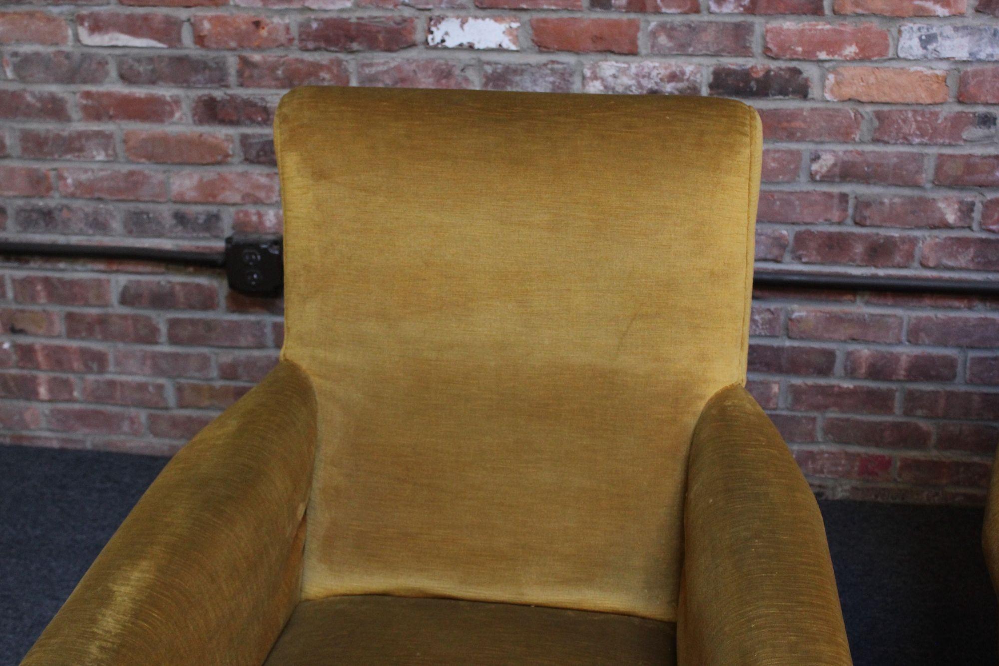 Vintage Italian Ochre Cotton Velvet and Brass Lounge Chairs For Sale 4