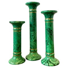 Vintage Italian Oggetti Faux Malachite Candlesticks - Set of 3