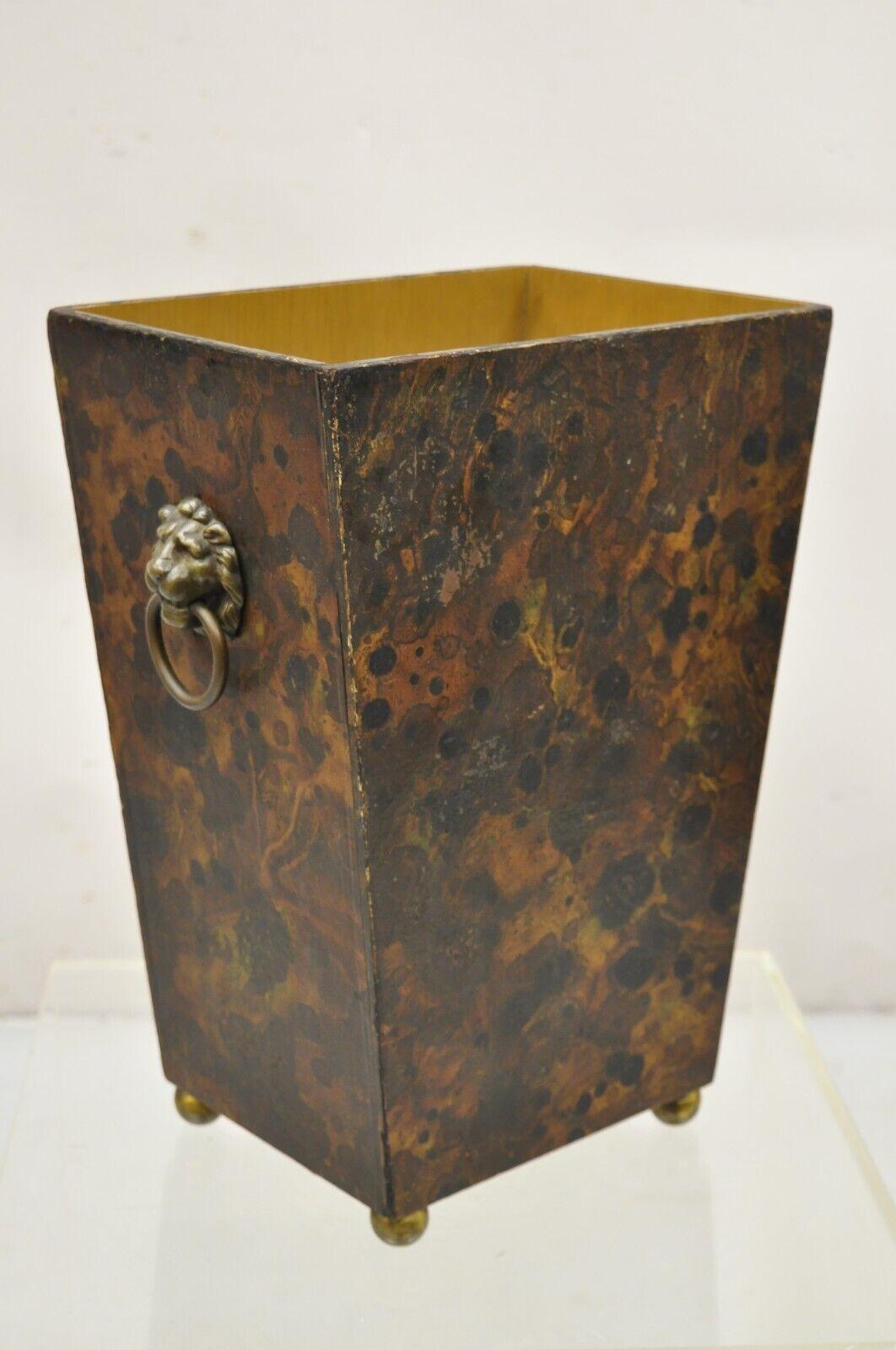 Vintage Italian Oil Drop Tortoise Shell Painted Wastebasket with Lion Pulls For Sale 5