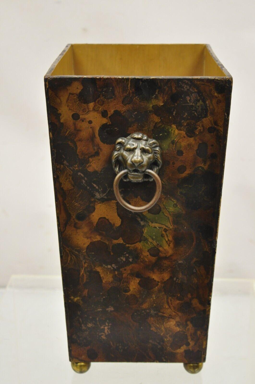 Vintage Italian Oil Drop Tortoise Shell Painted Wastebasket with Lion Pulls 2