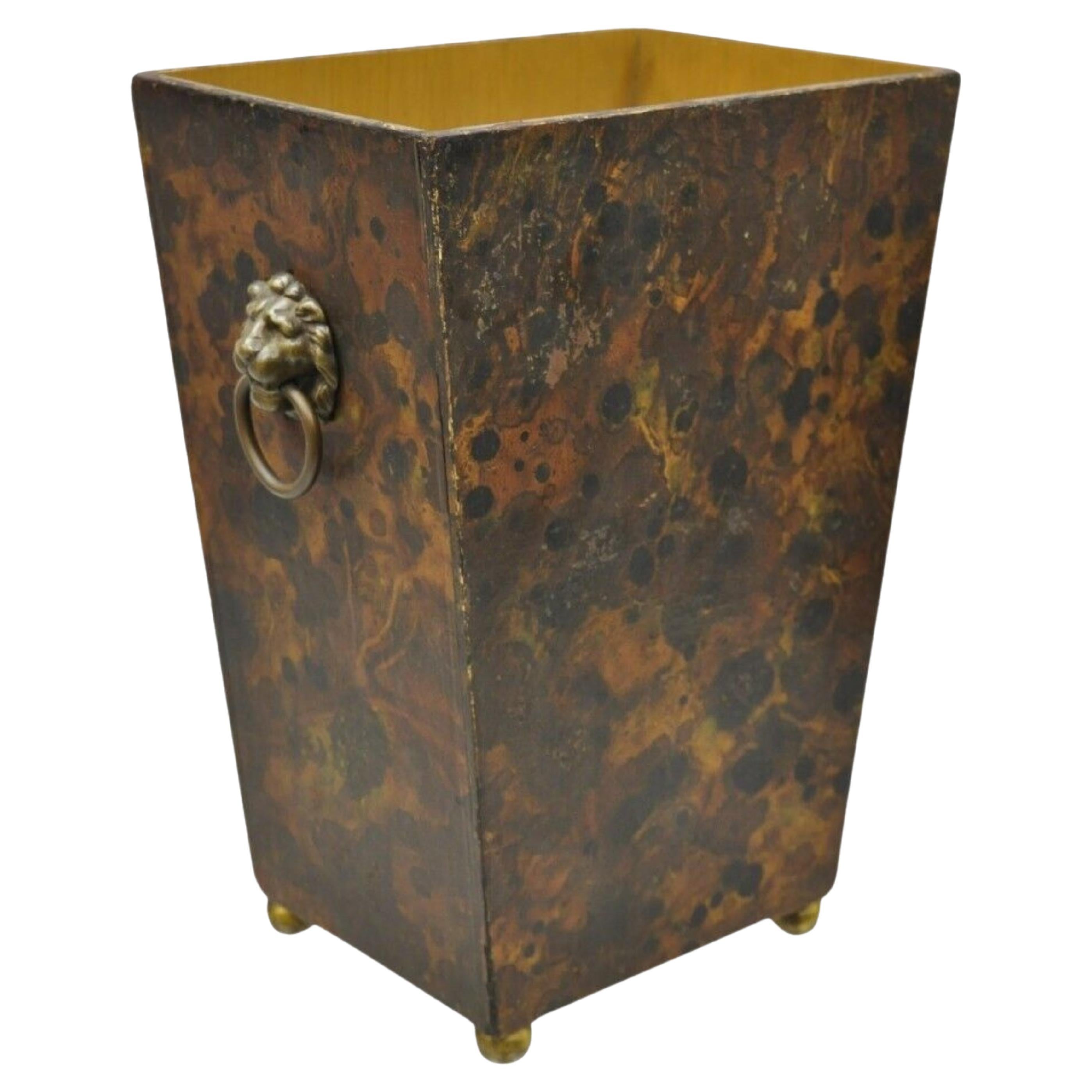 Vintage Italian Oil Drop Tortoise Shell Painted Wastebasket with Lion Pulls For Sale