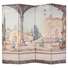 Vintage Italian Oil on Canvas Four Panel Screen