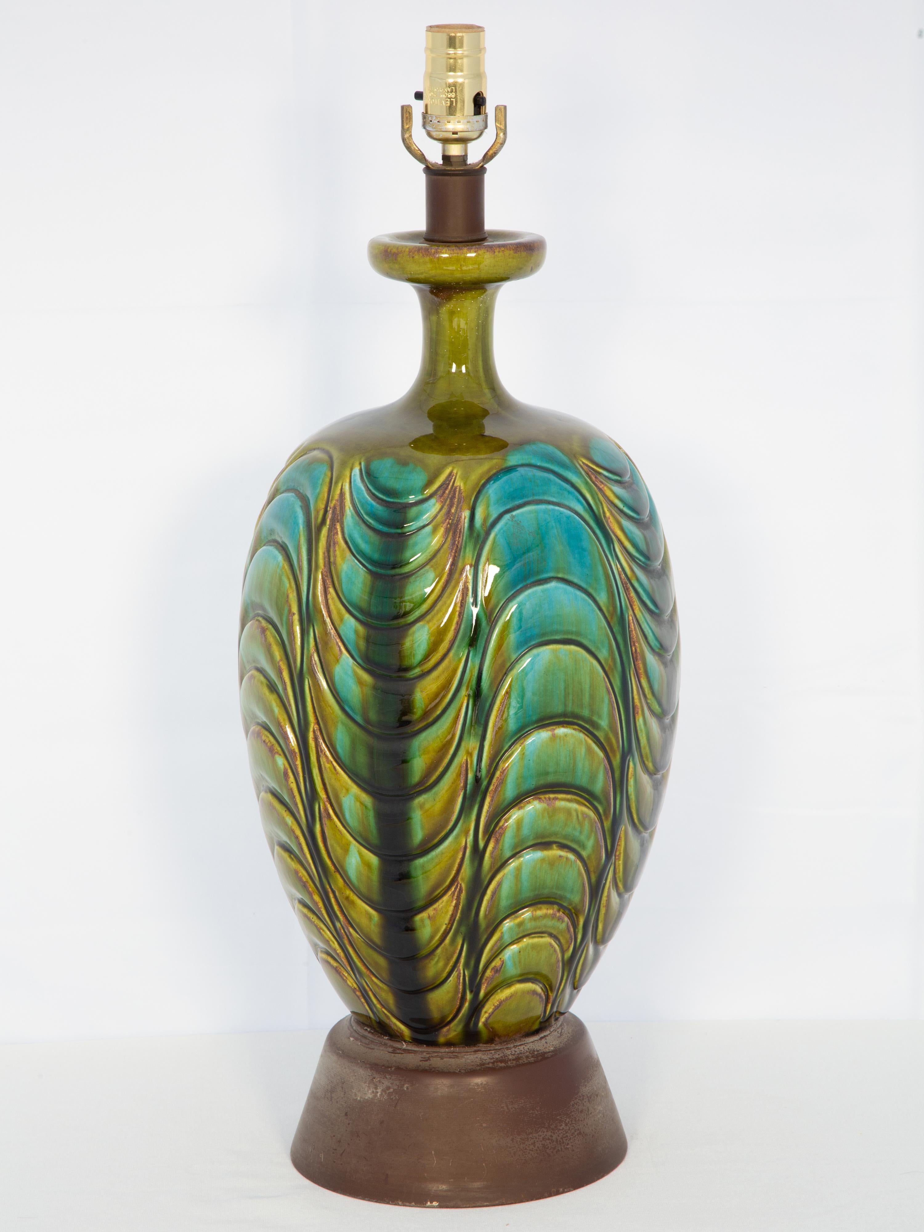 Vintage Italian Lámpara de cerámica esmaltada olivácea y turquesa Italiano en venta