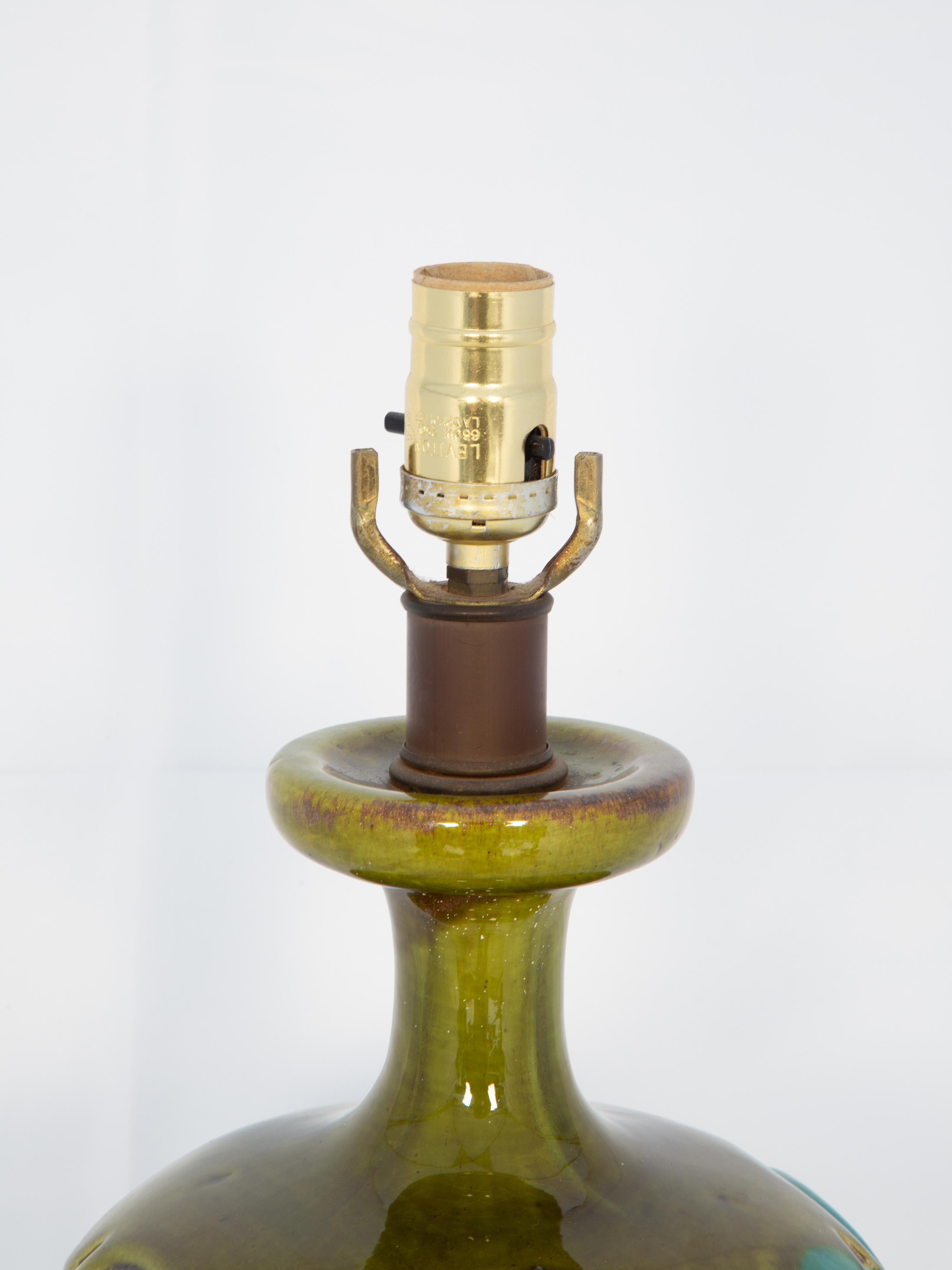 Vintage Italian Lámpara de cerámica esmaltada olivácea y turquesa Glaseado en venta