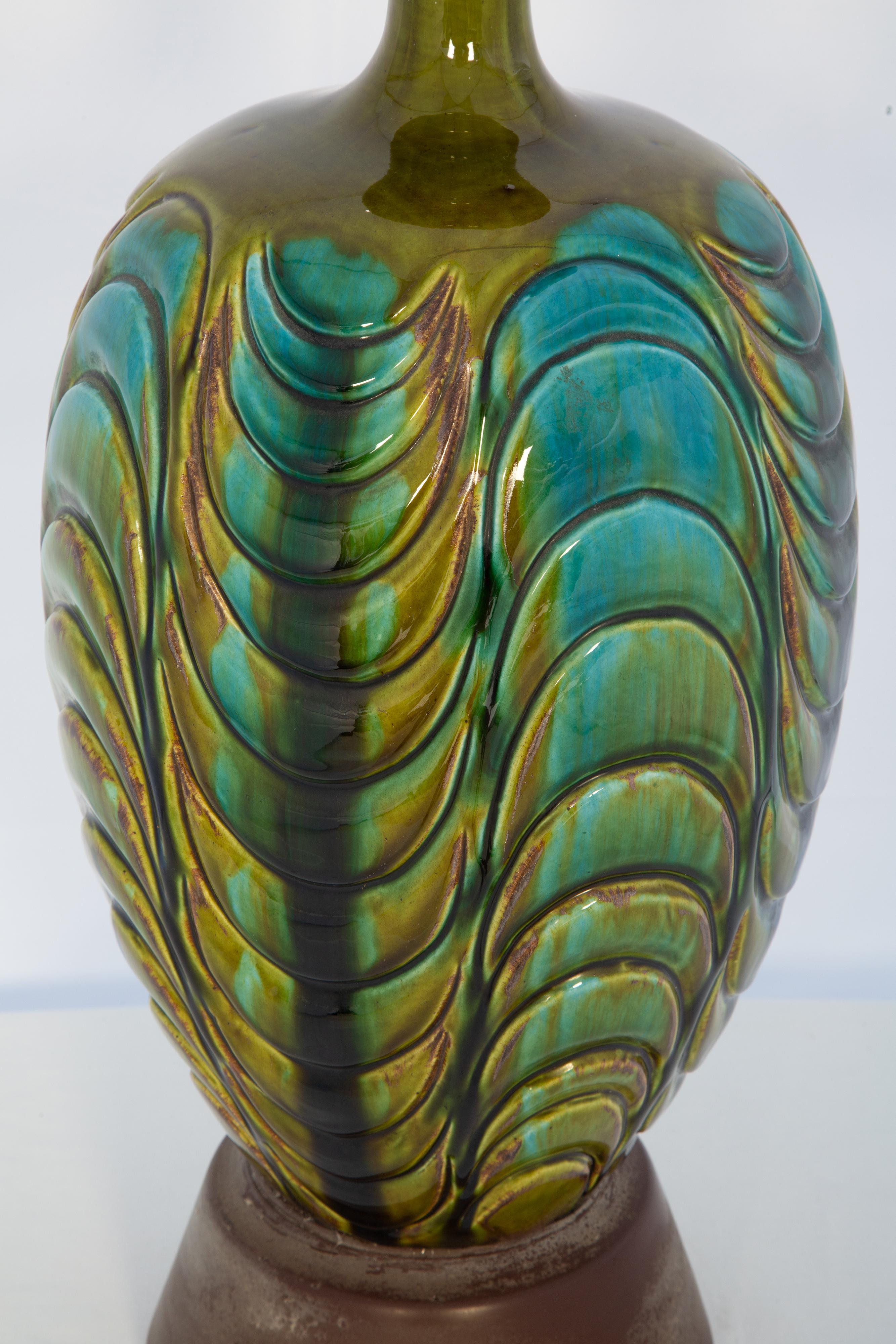 Vintage Italian Lámpara de cerámica esmaltada olivácea y turquesa en Bueno estado para la venta en West Palm Beach, FL