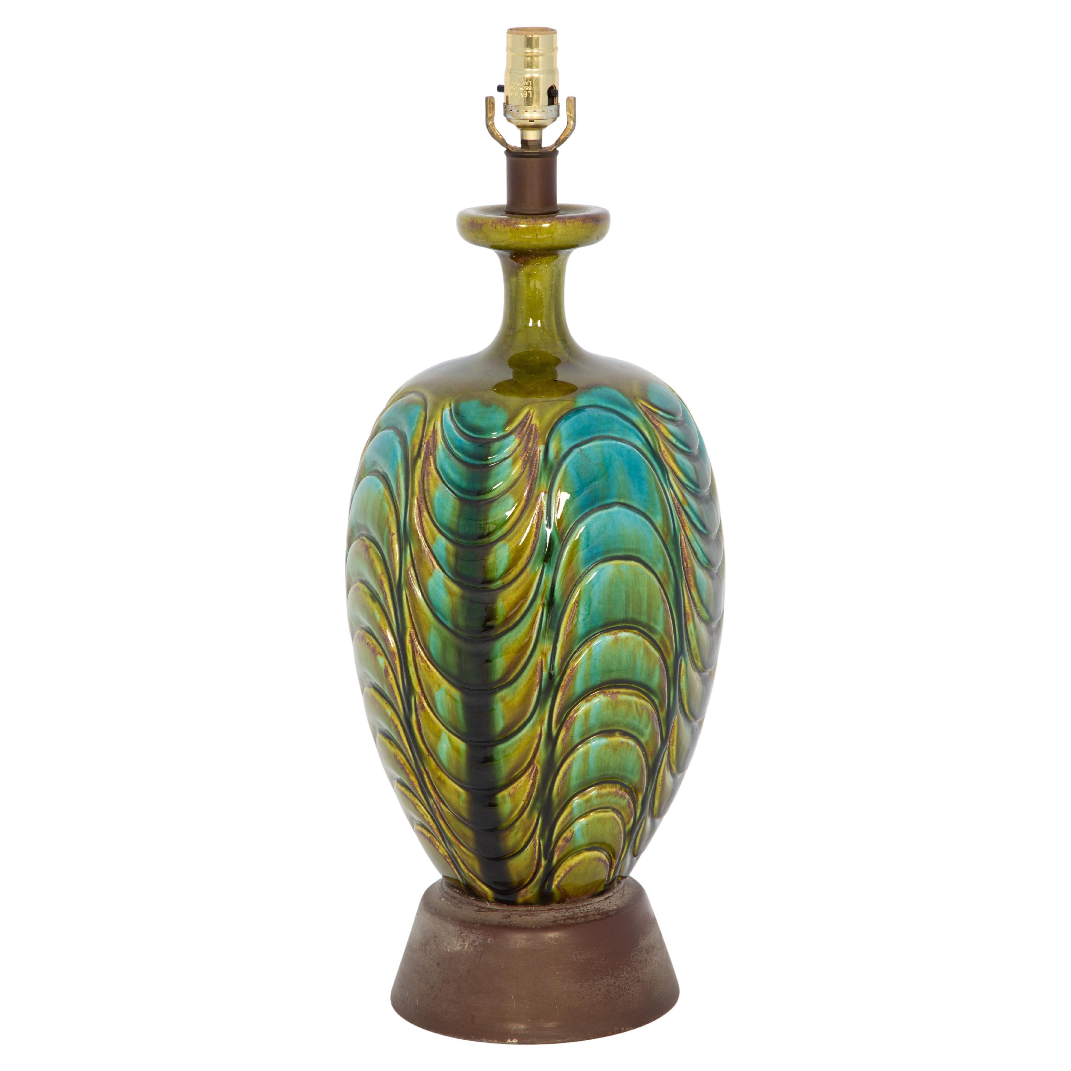 Vintage Italian Lámpara de cerámica esmaltada olivácea y turquesa