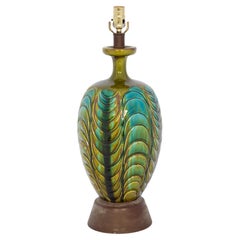 Vintage Italian Olive and Turquoise Glazed Pottery Lamp