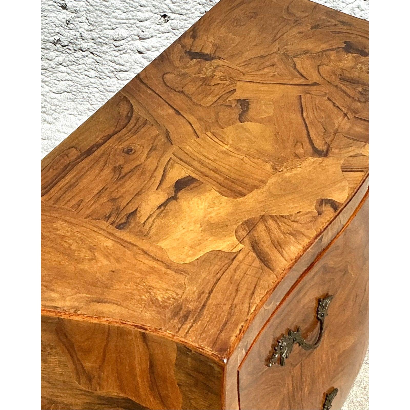 Hollywood Regency Vintage Italian Olive Burl Wood Bombe Chest For Sale