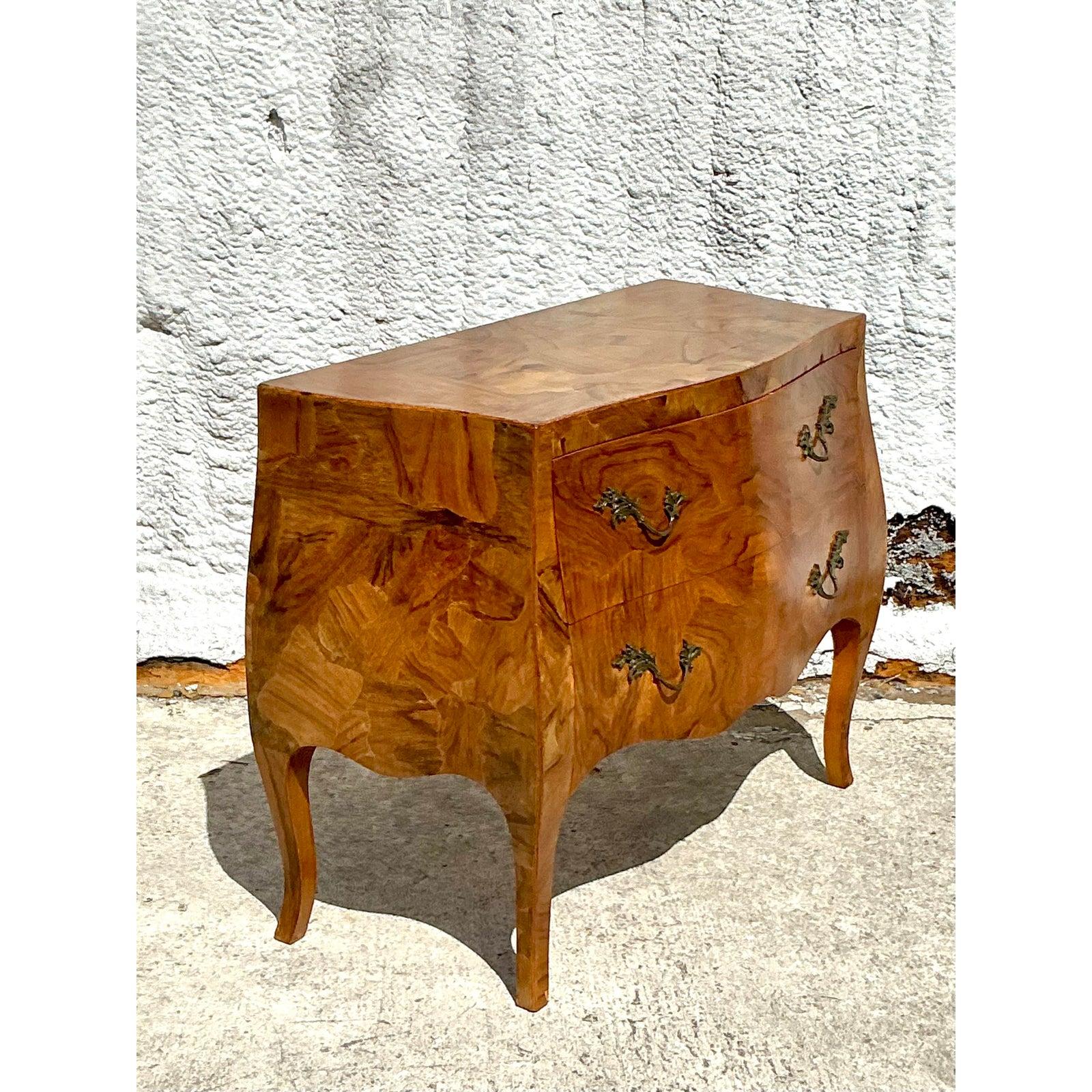 Vintage Italian Olive Burl Wood Bombe Chest In Good Condition For Sale In west palm beach, FL