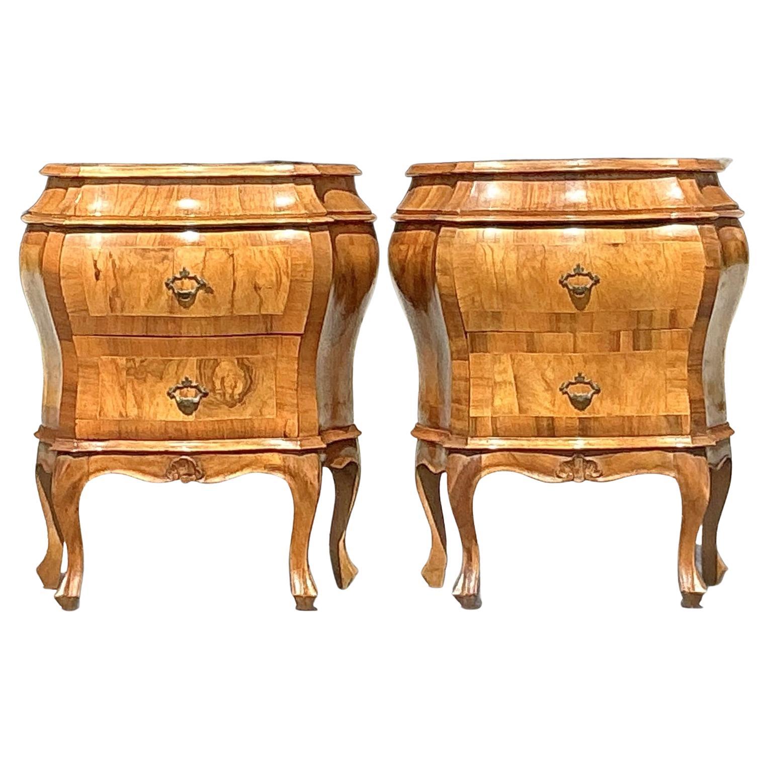 Vintage Italian Olive Burl Wood Nightstands - A Pair