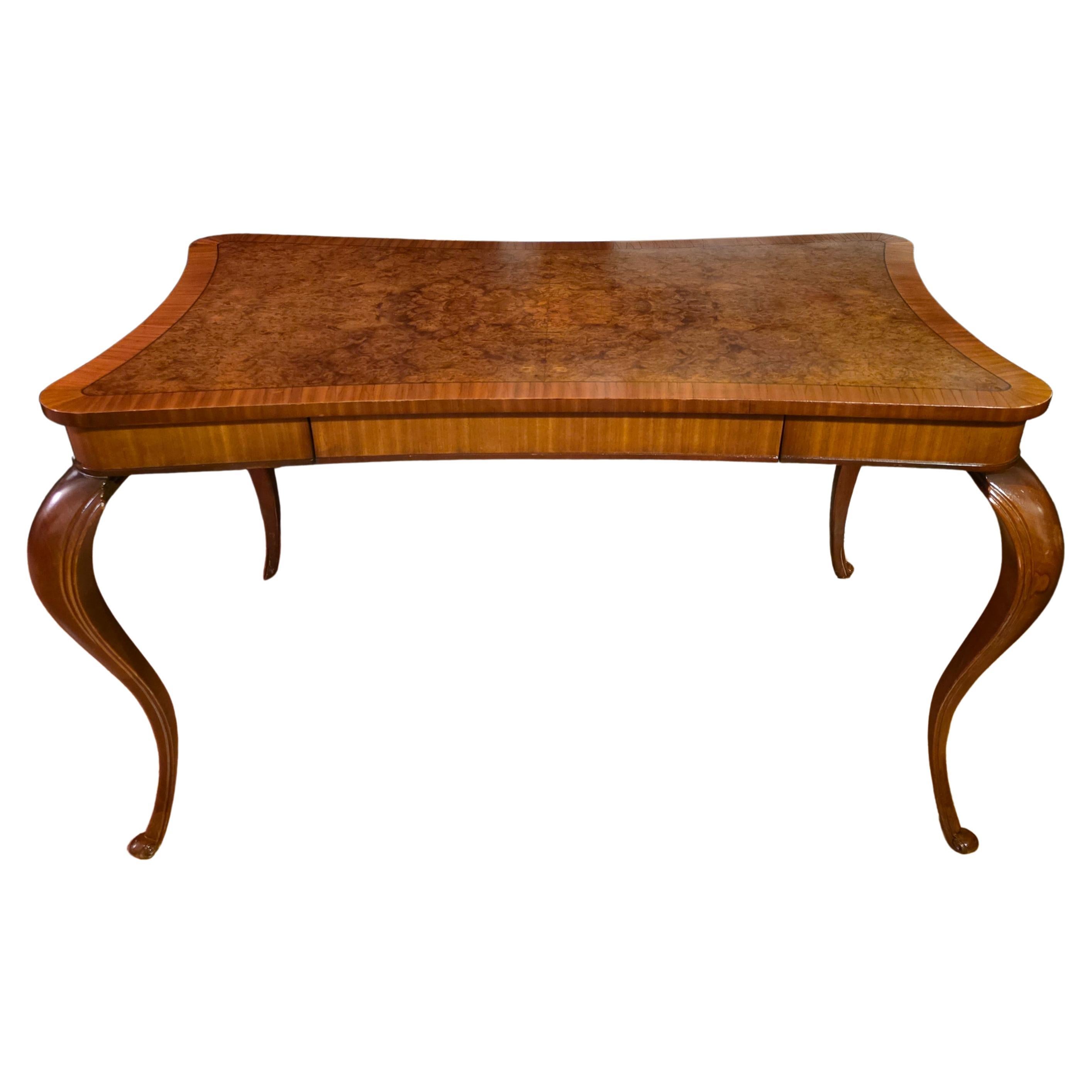 Vintage Italian Olive Burl Writing Desk with Cabriole Legs, 1950 For Sale