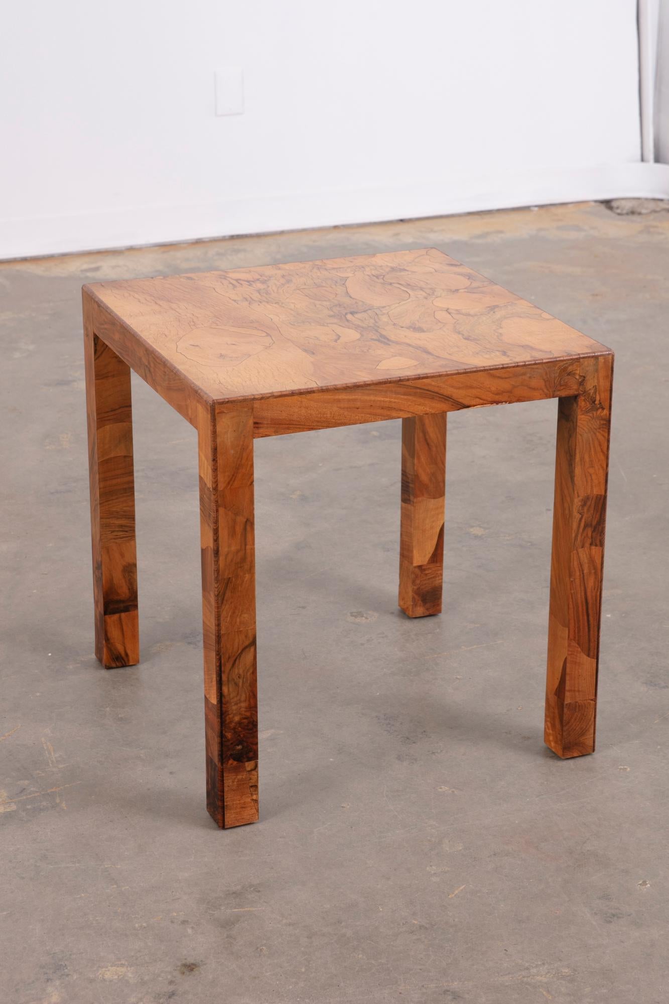 Vintage olive Parsons style side table with clean clines and beautiful grain. Strong details throughout 