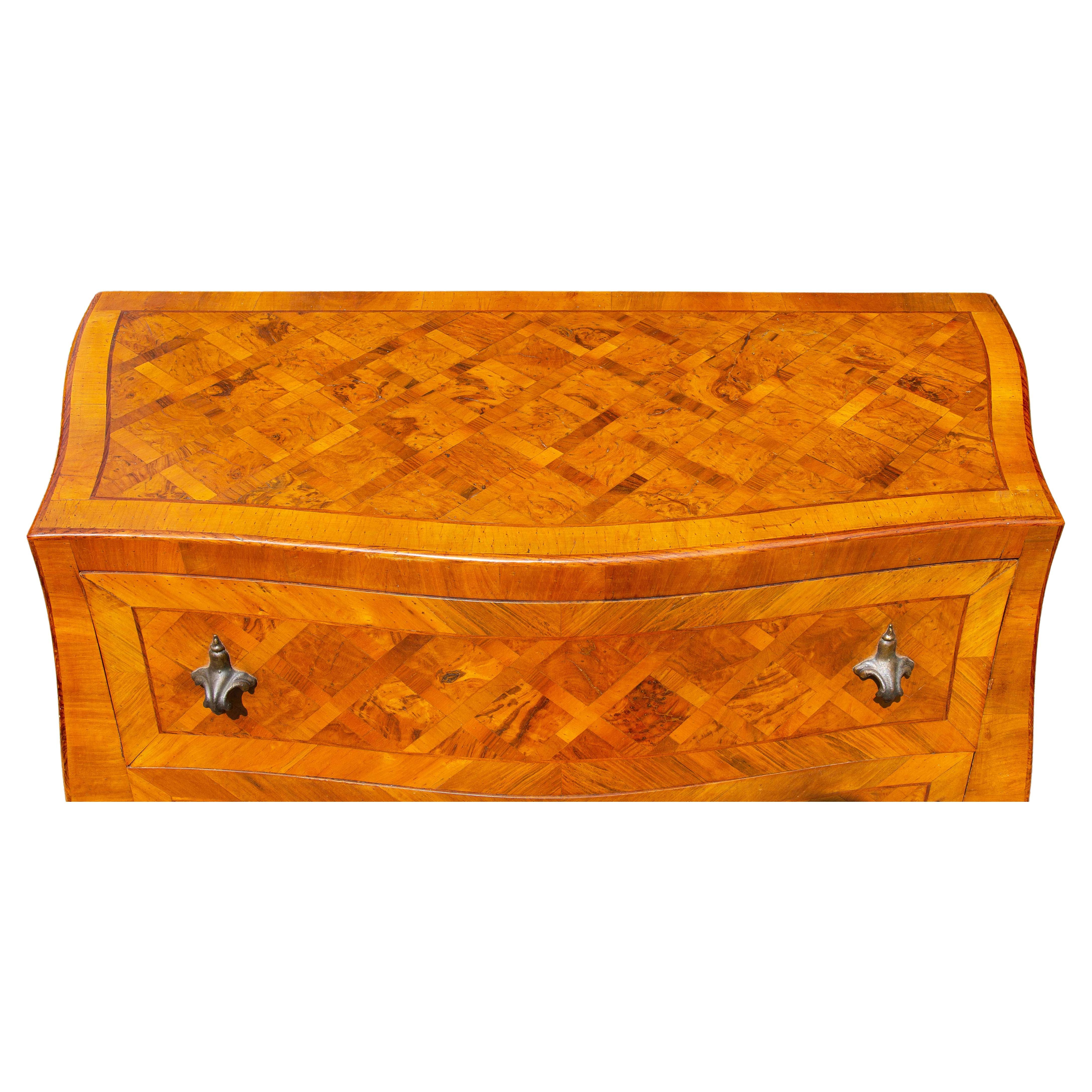 Parquetry Vintage Italian Olive Wood Bombe Commode or Chest For Sale