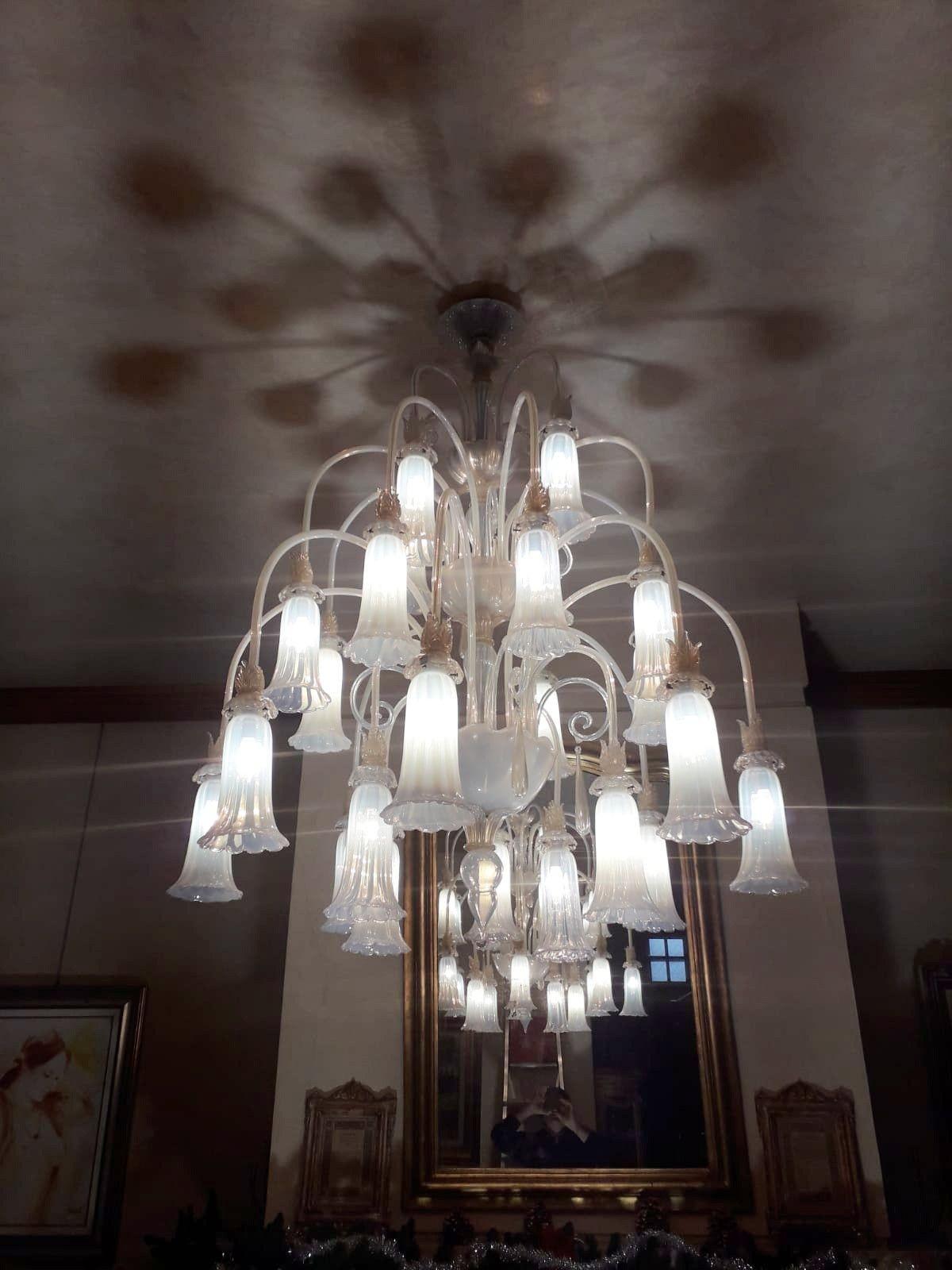 Vintage Italian Opaline Murano Glass Chandelier, c. 1950's In Good Condition For Sale In Los Angeles, CA