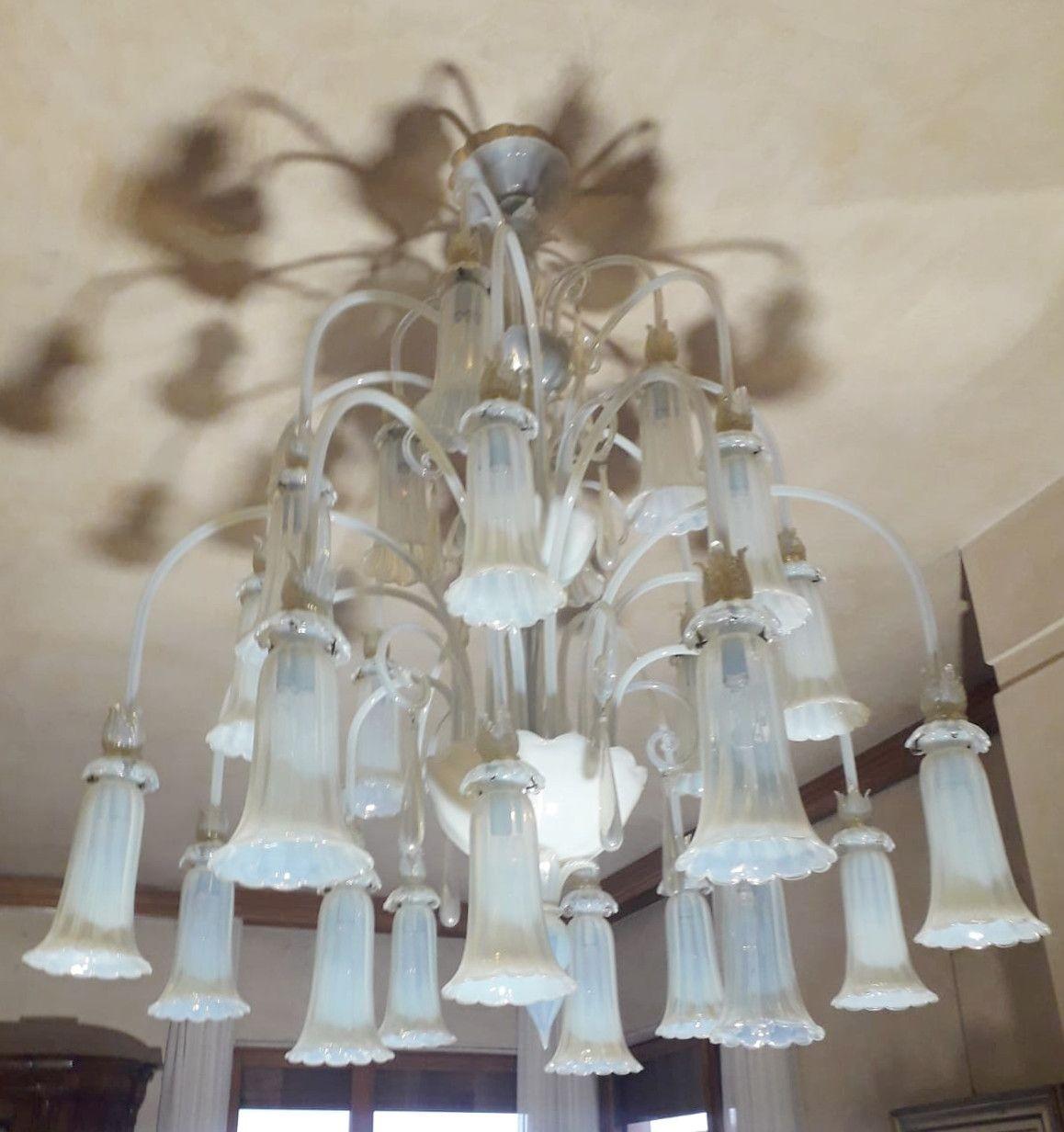 Mid-20th Century Vintage Italian Opaline Murano Glass Chandelier, c. 1950's For Sale