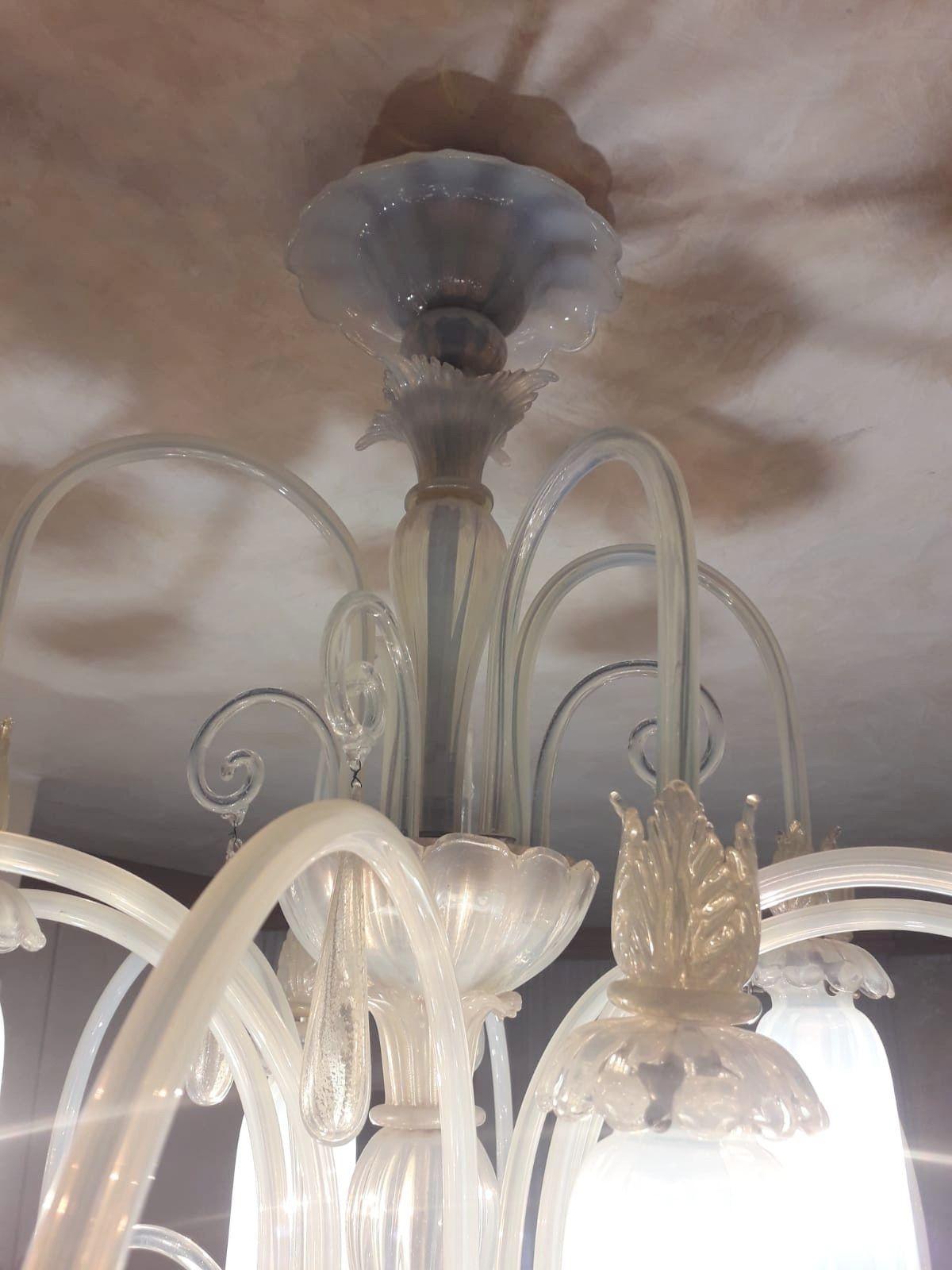 Vintage Italian Opaline Murano Glass Chandelier, c. 1950's For Sale 4