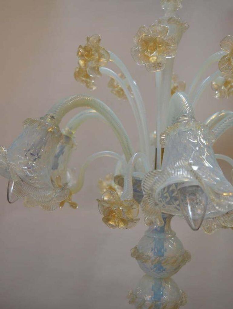 Whimsical opaline Murano glass floor lamp with gold leaf flake details, delicately adorned with flowers all around. Made in Italy in the c. 1970's.
*Rewired to fit US lighting standards
Dimensions:
77