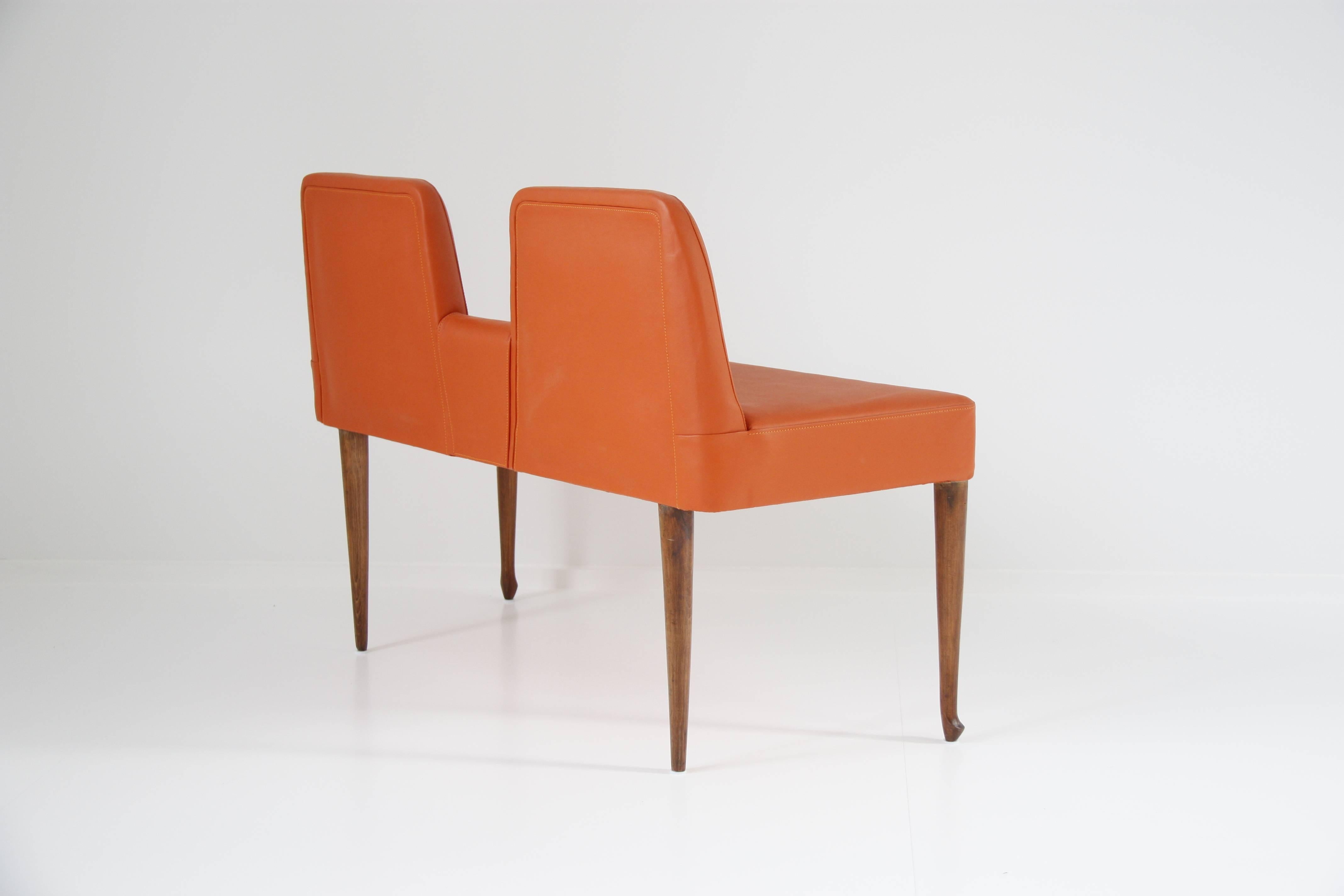 Mid-Century Modern Vintage Italian Orange Leather Bench with Low Back, circa 1960 For Sale