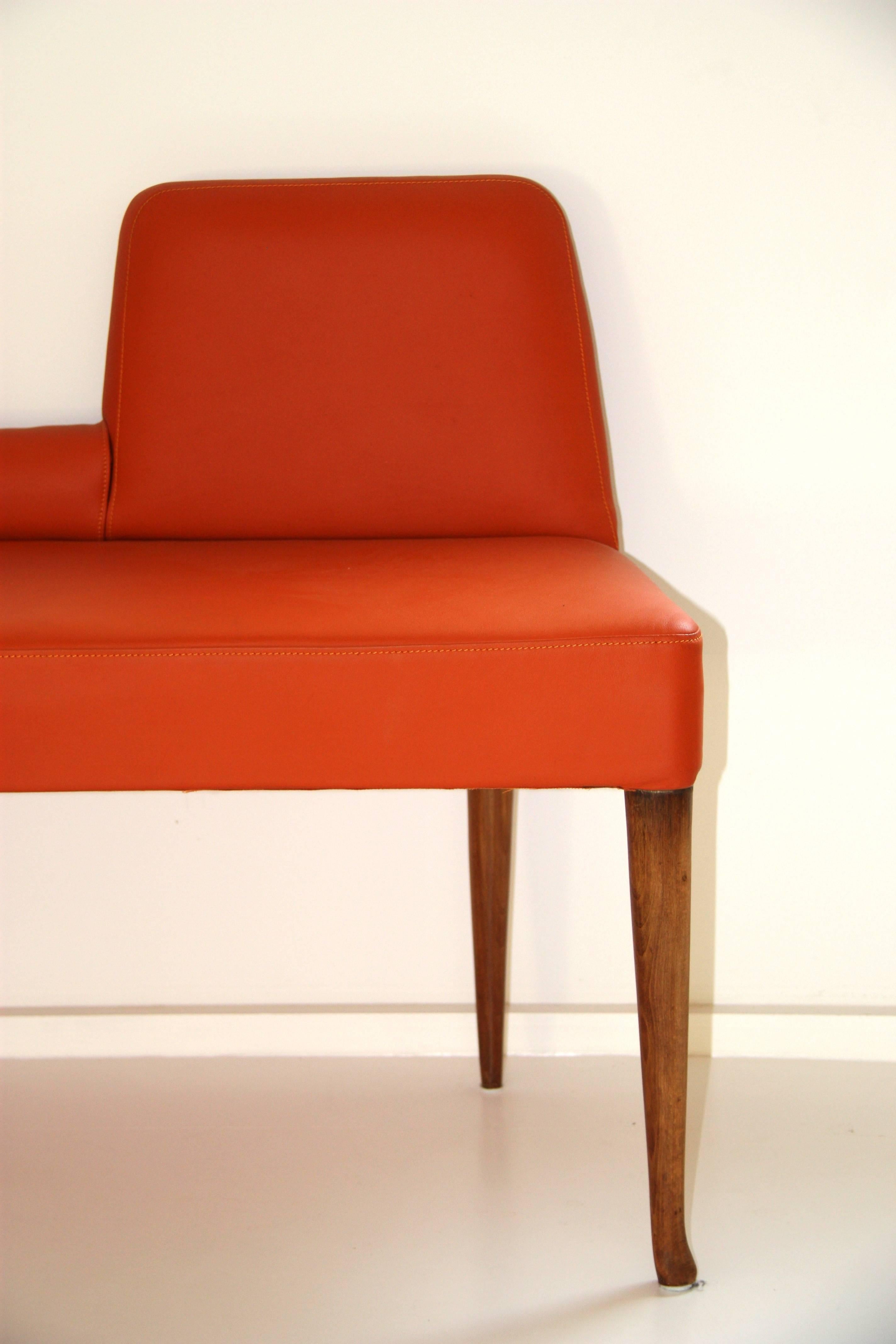 Mid-20th Century Vintage Italian Orange Leather Bench with Low Back, circa 1960 For Sale