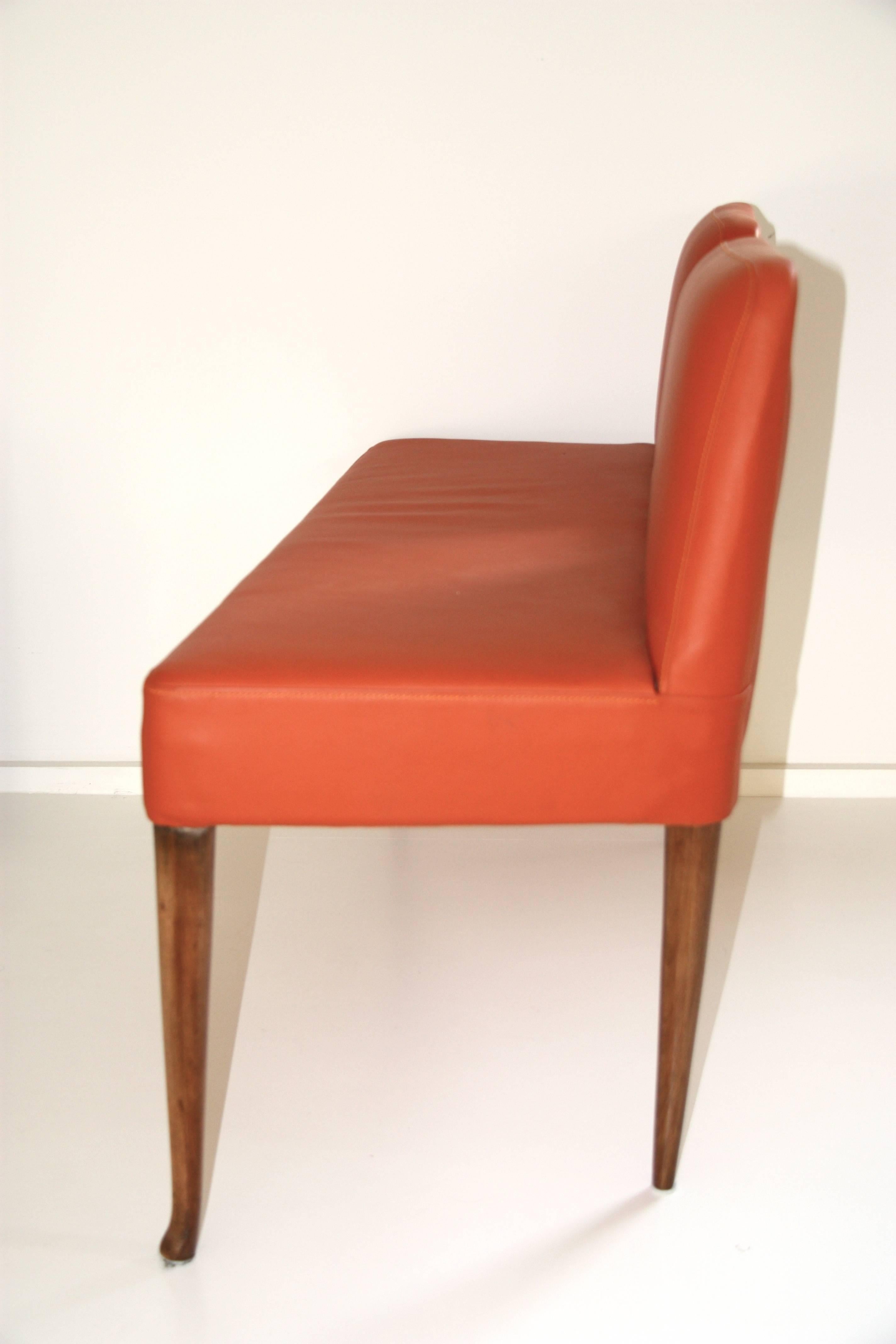 Vintage Italian Orange Leather Bench with Low Back, circa 1960 For Sale 1