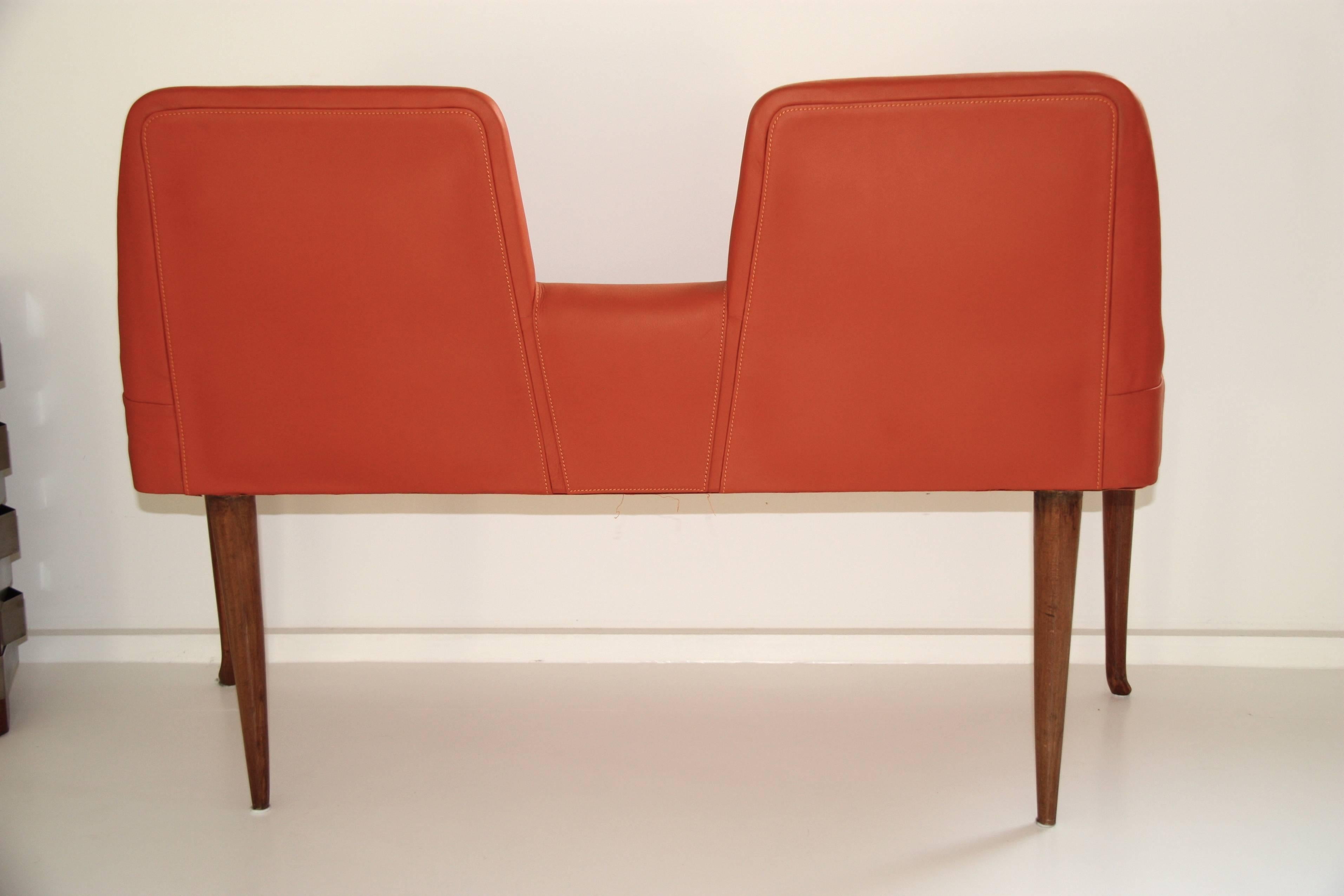 Vintage Italian Orange Leather Bench with Low Back, circa 1960 For Sale 2