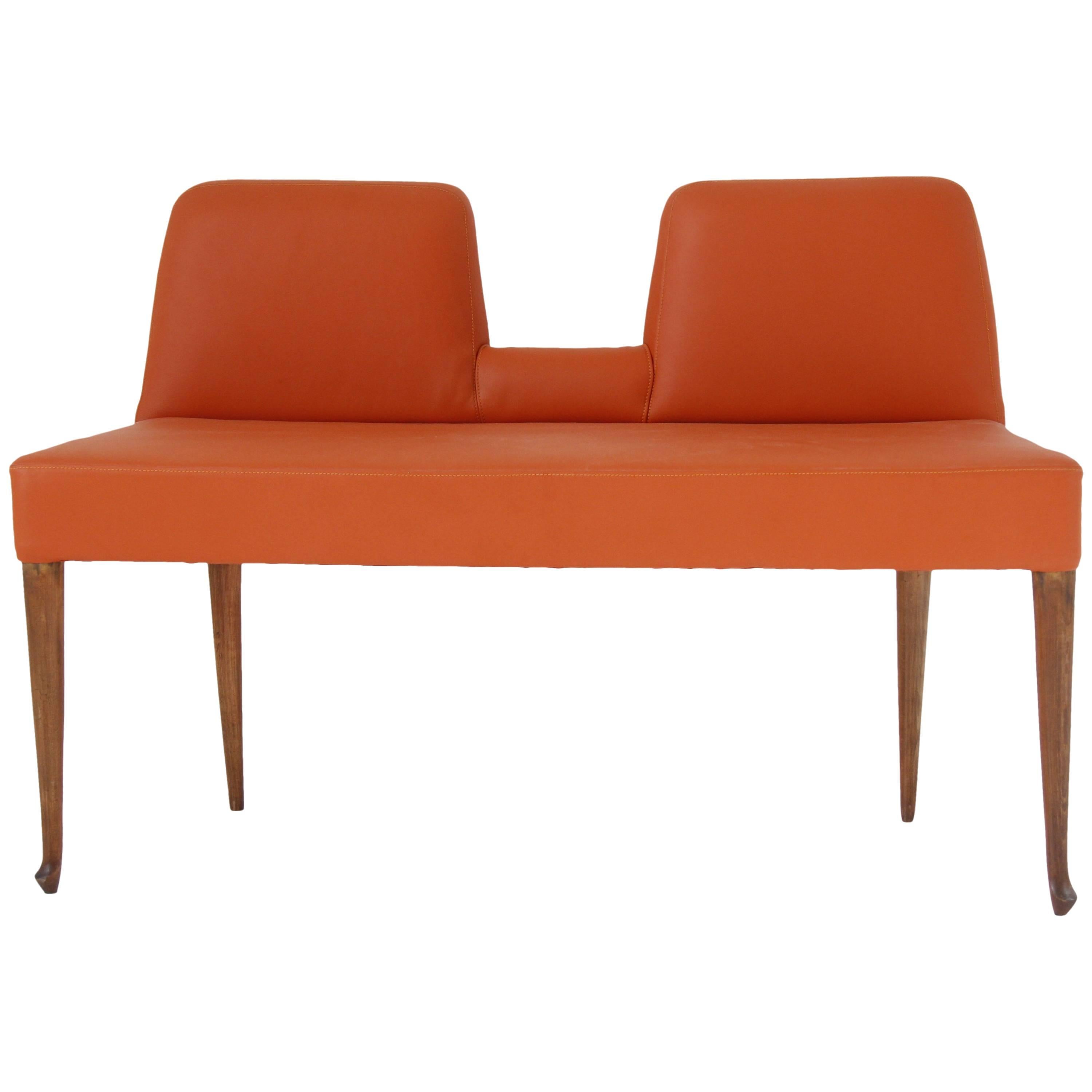 Vintage Italian Orange Leather Bench with Low Back, circa 1960 For Sale