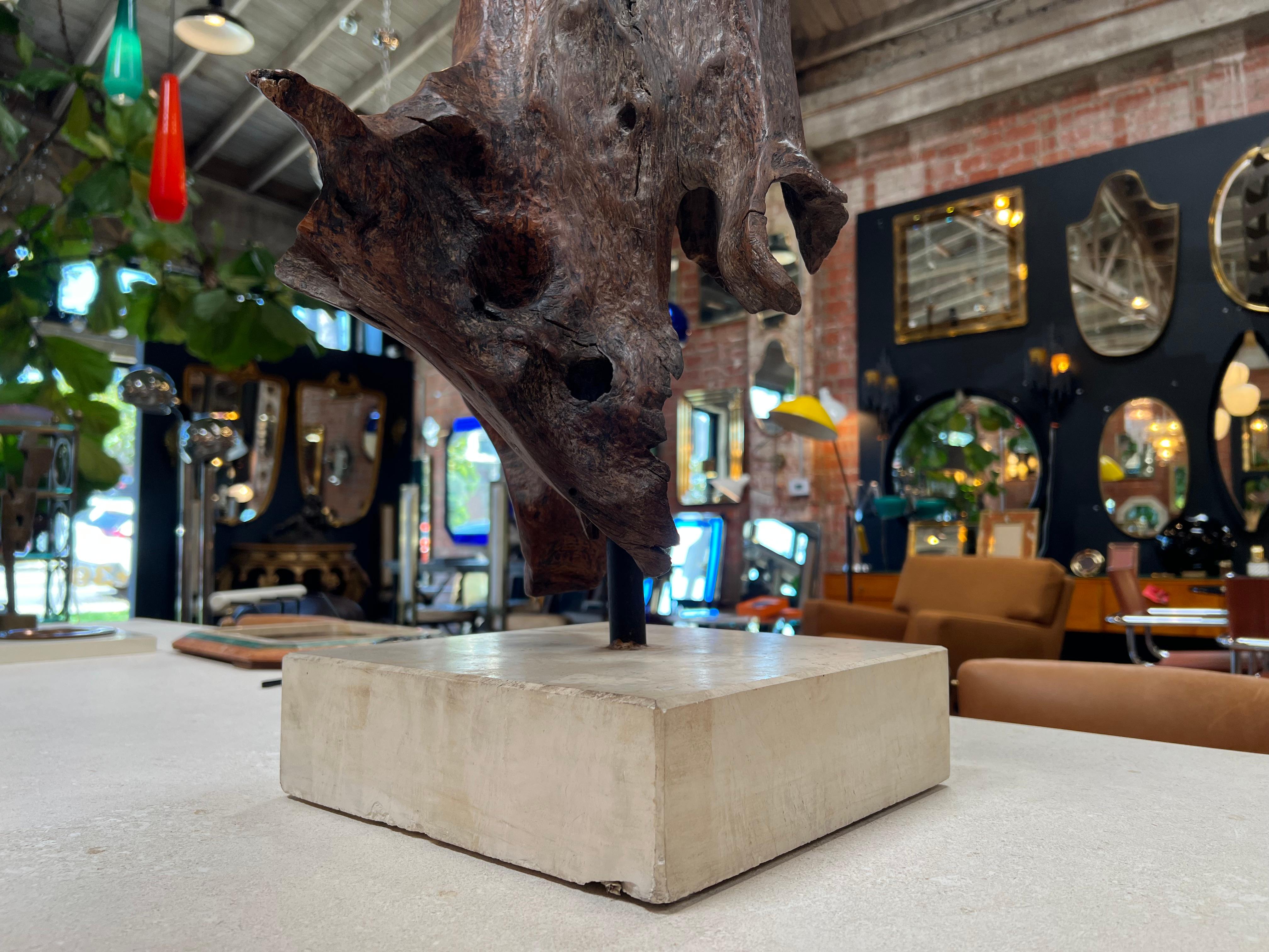 The Vintage Italian Organic Wood Sculpture from the 1980s, displayed on a square marble base, is a captivating art piece that harmoniously combines natural wood forms with the elegance of marble. Reflecting the organic and artistic spirit of the